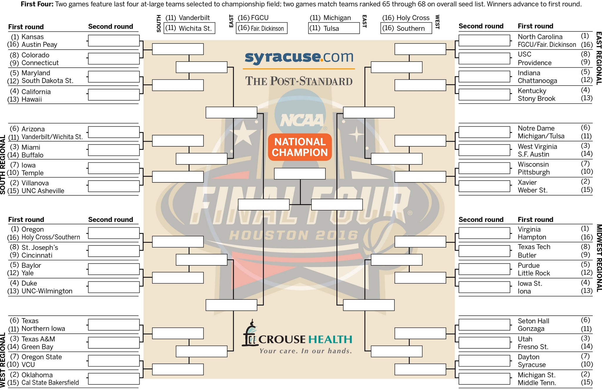 2016 NCAA Tournament Bracket Print Download Updated March Madness Pairings Syracuse