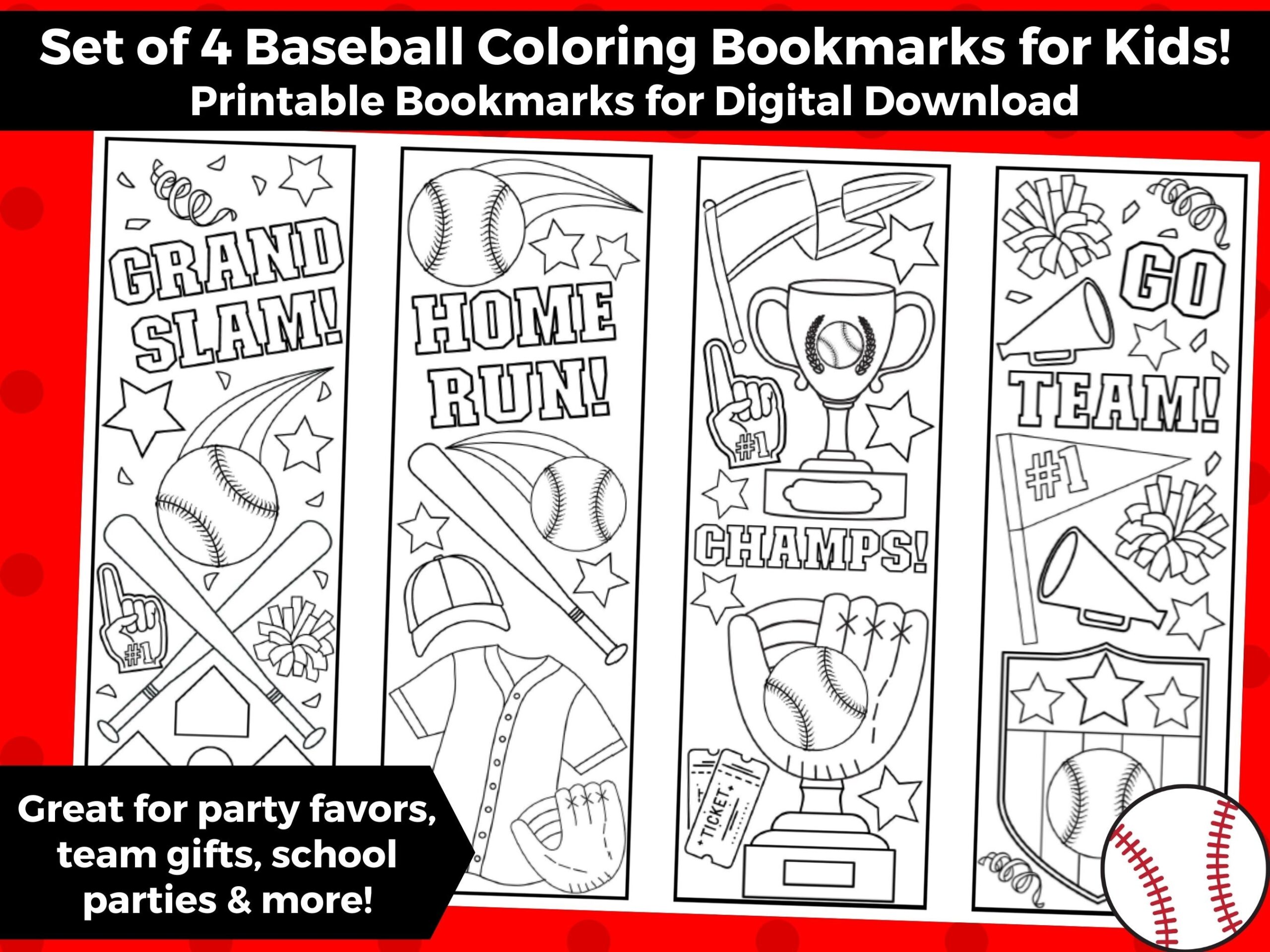 4 Baseball Themed Printable Coloring Bookmarks For Kids INSTANT DOWNLOAD Color Your Own Baseball Bookmarks Sports Gifts Baseball Party Etsy