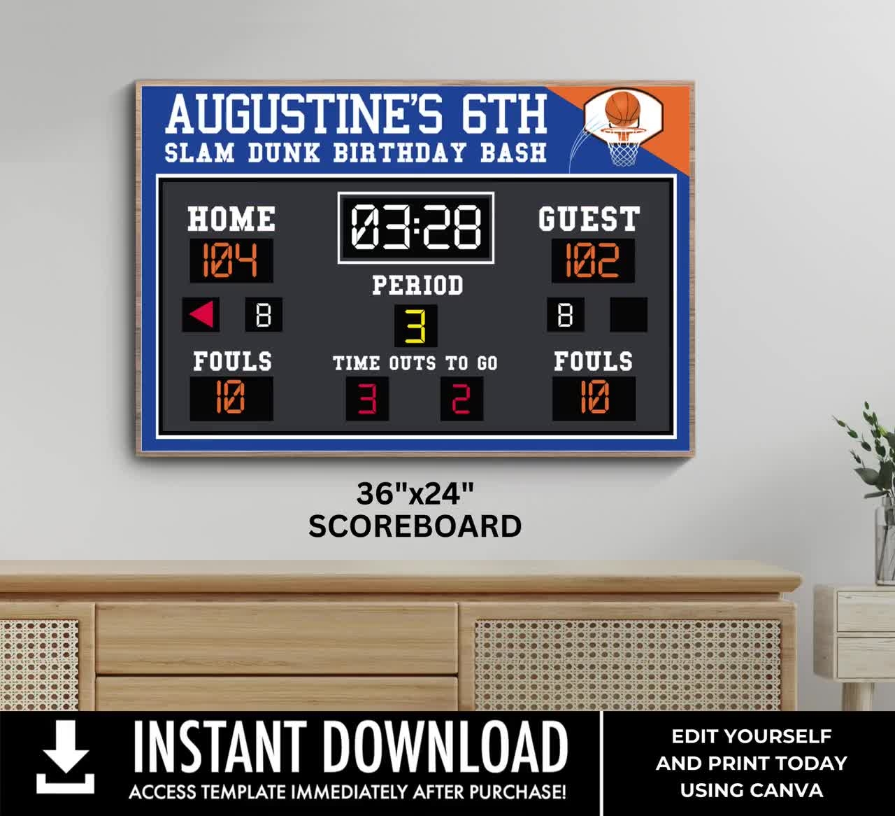 Basketball Scoreboard Printable 36 x24 Poster Scoreboard Sign Basketball Birthday Edit Using CANVA INSTANT Download Printable Etsy