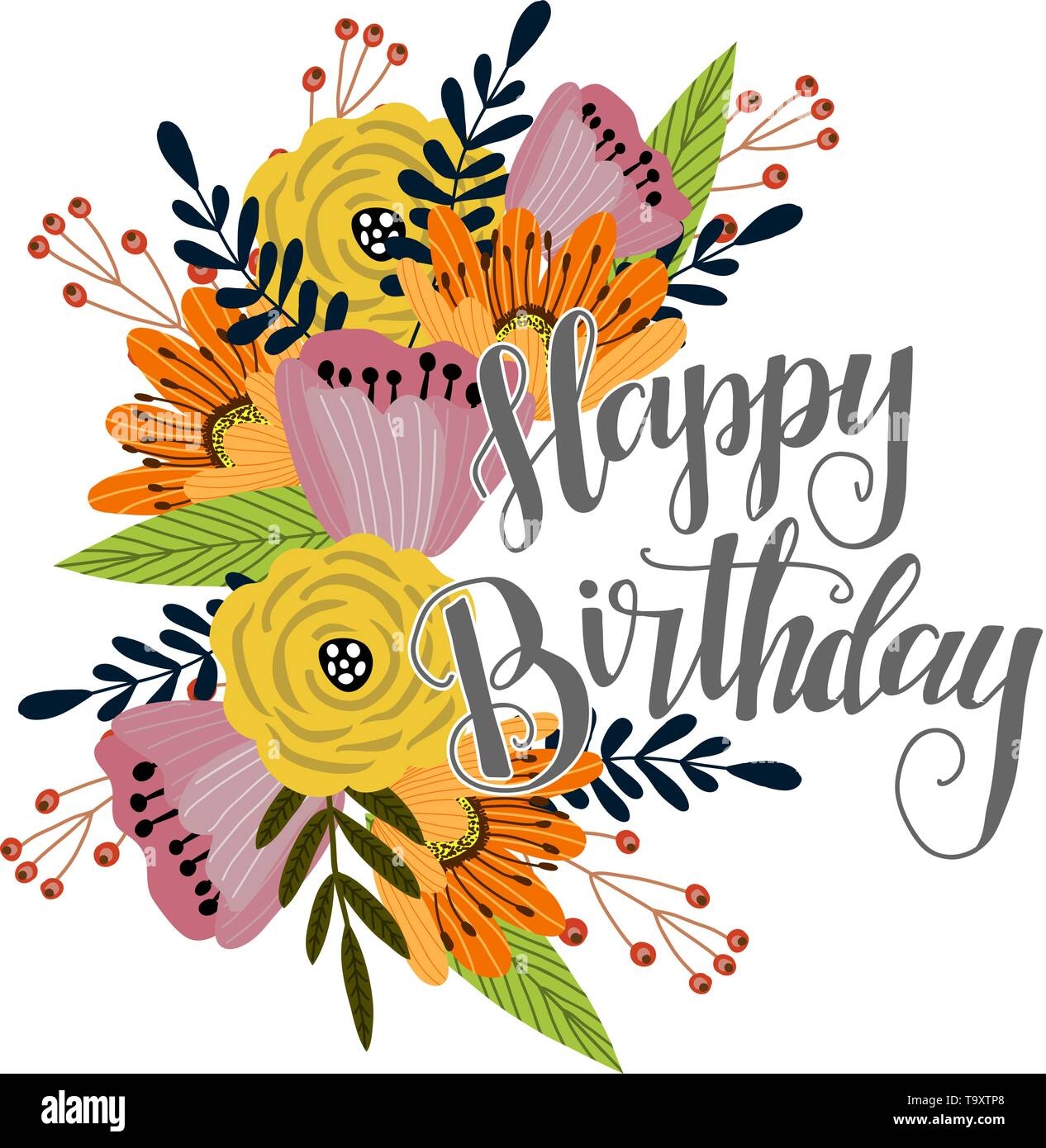 Happy Birthday Template For Cards And Banners With Cute Doodles Flowers With Text Vector Stock Vector Image Art Alamy