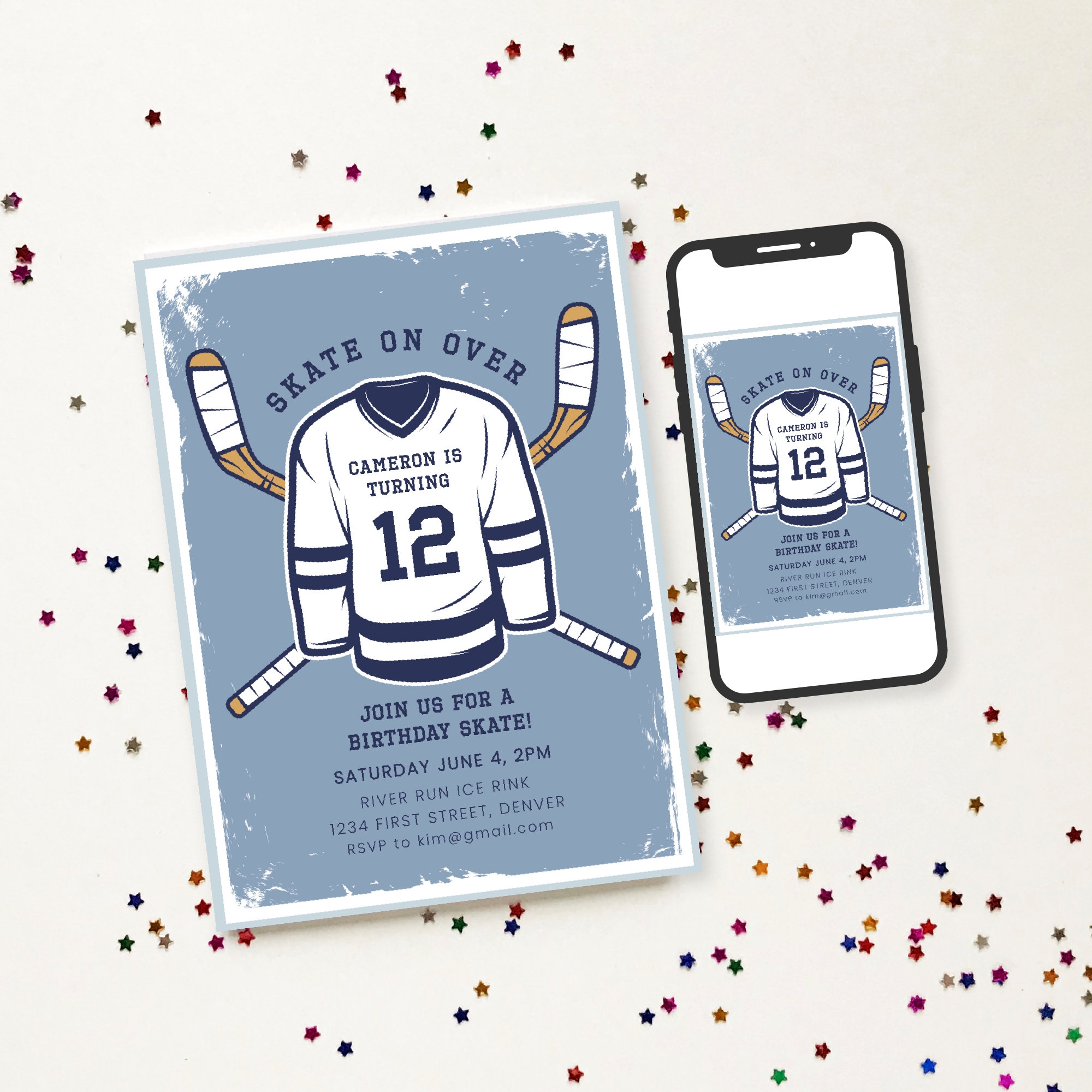 Skate On Over Hockey Theme Birthday Party Invitation Template With Hockey Jersey And Sticks Any Age Instant Edit And Download Etsy