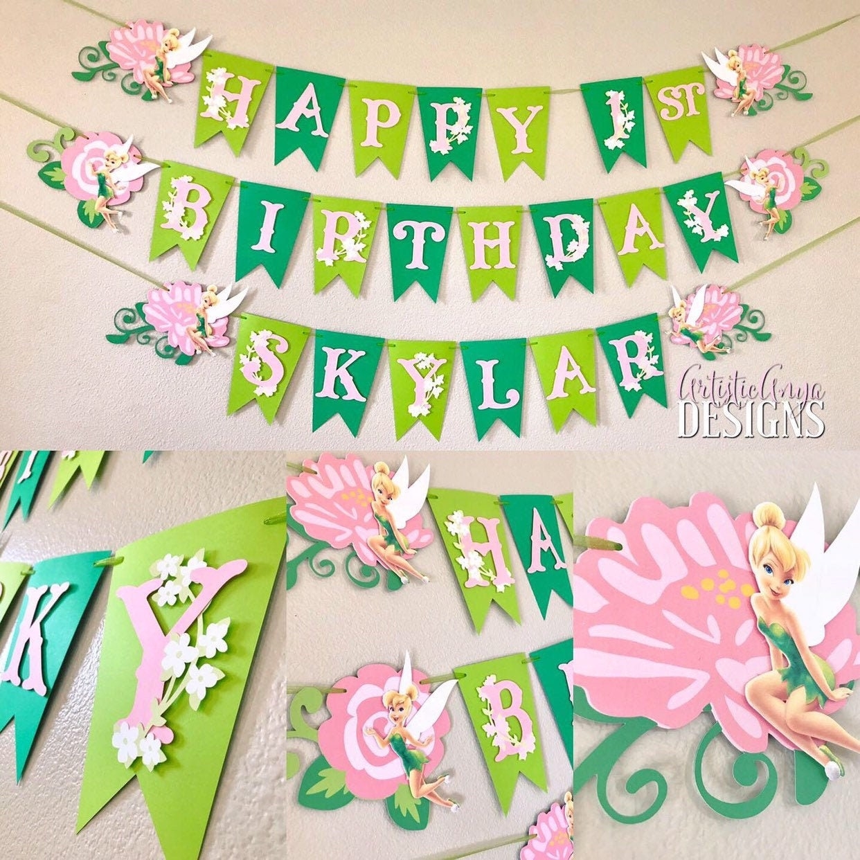 Tinkerbell Happy Birthday Banner Floral Fairy Birthday Party Pink And Green Decorations Etsy