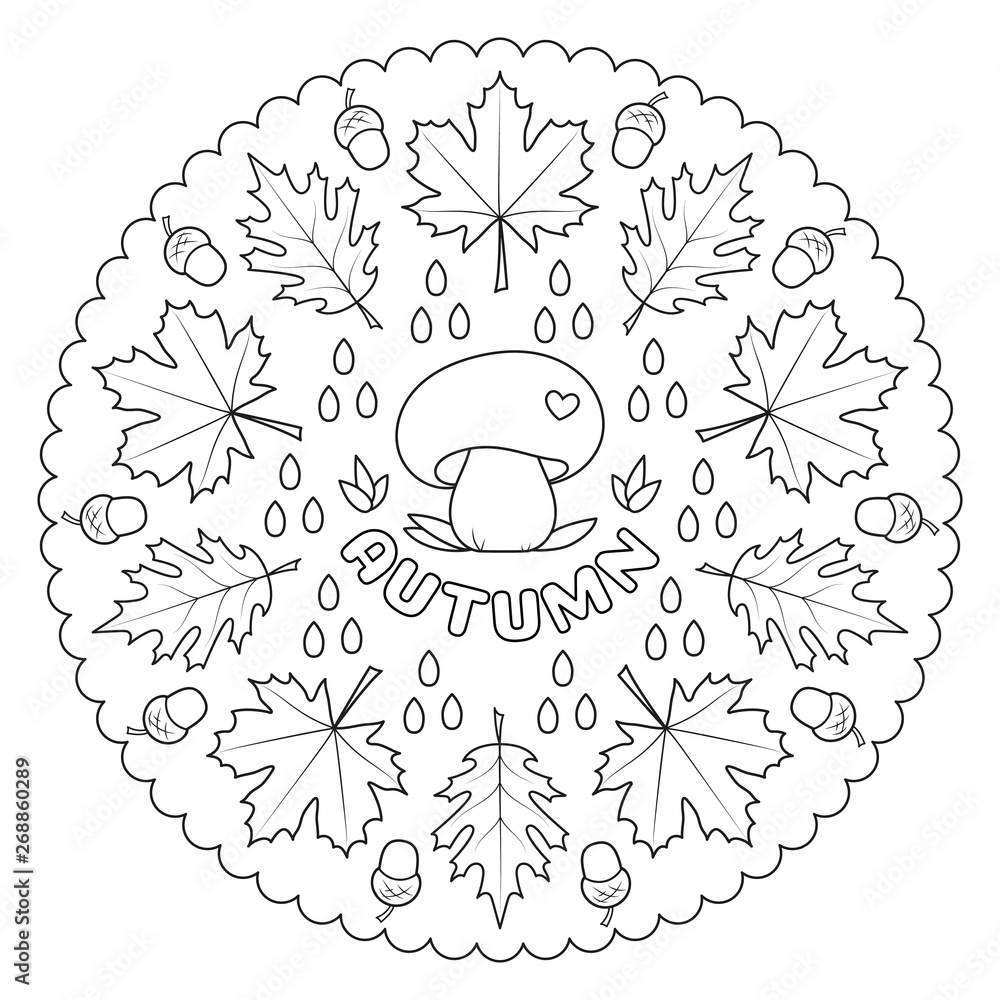 Coloring Page Mandala For Kids With AUTUMN Leaves Mushroom And Acorns Vector Illustration Stock Vector Adobe Stock