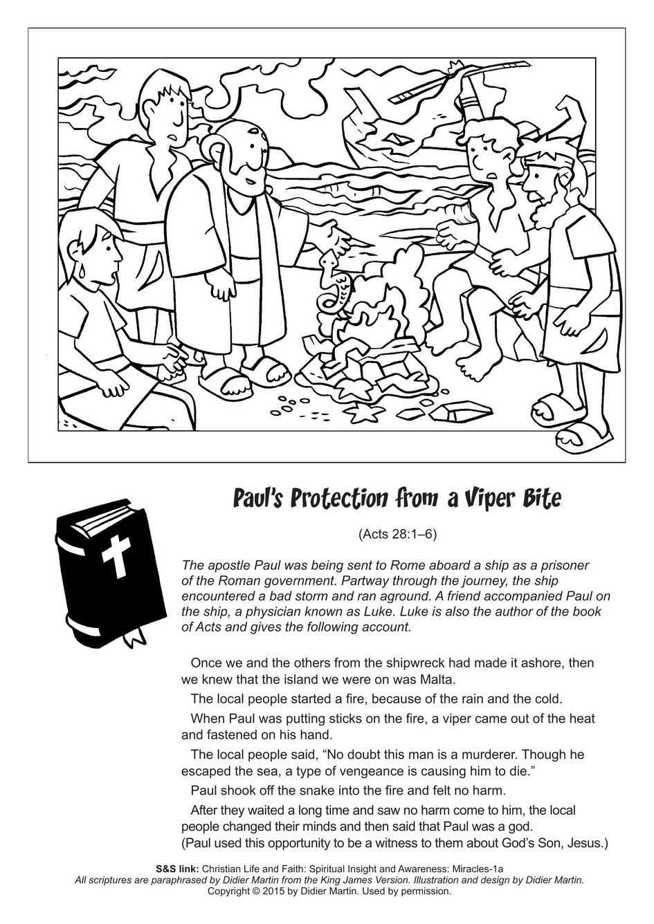 Coloring Page Miracles In The Bible Paul s Protection From A Viper Bite My Wonder Studio
