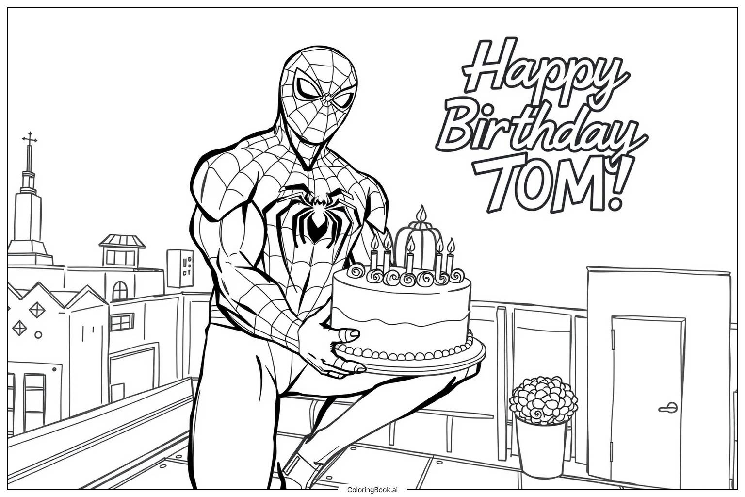 Coloring Page Spider Man Celebrates With Cake A Special Birthday Surprise For Tom 
