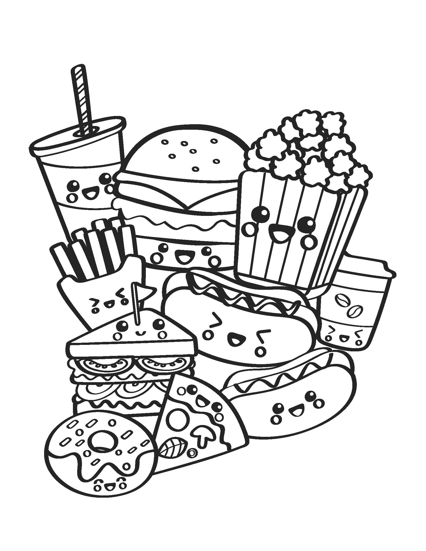 Free Kawaii Fast Food Coloring Pages Cute Printable PDF