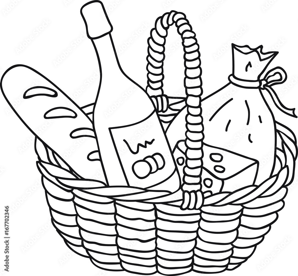 Hand Drawn Picnic Basket With Food Wine Cheese Baguette Vector Illustration Coloring Page Logo Design Template Stock Vector Adobe Stock Hand Drawn Picnic Basket With Food Wine Cheese Baguette Vector Illustration Coloring Page Logo Design Template Stock Vector Adobe Stock