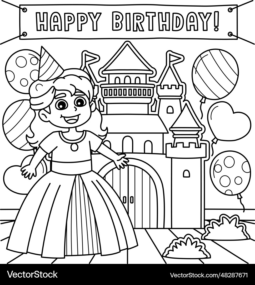 Happy Birthday Princess Coloring Page For Kids Royalty Free Vector VectorStock
