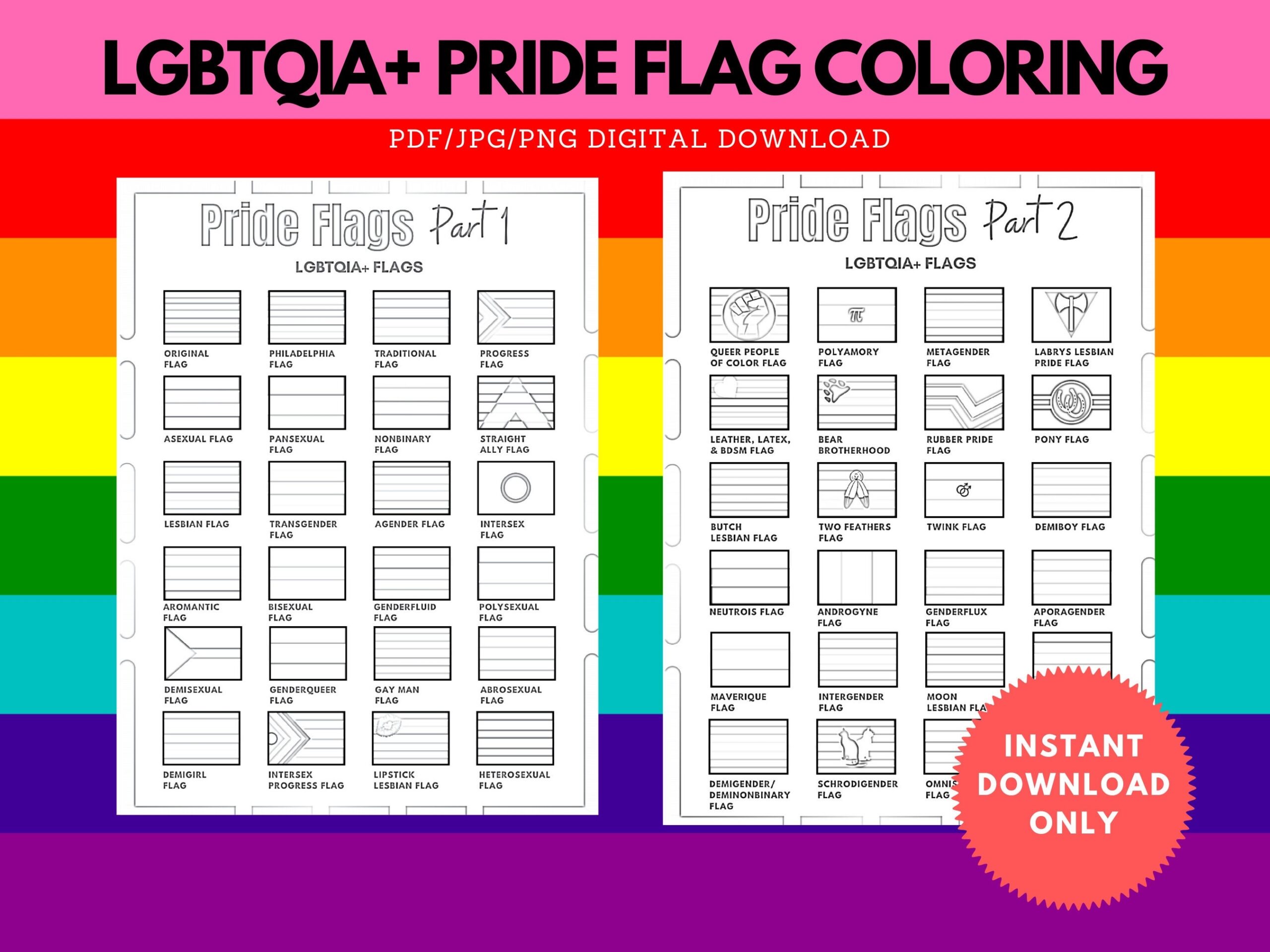 LGBTQIA Pride Flags Coloring Pages Education Printable LGBTQ Flag LGBT Gift Instant Download 4 Files Etsy