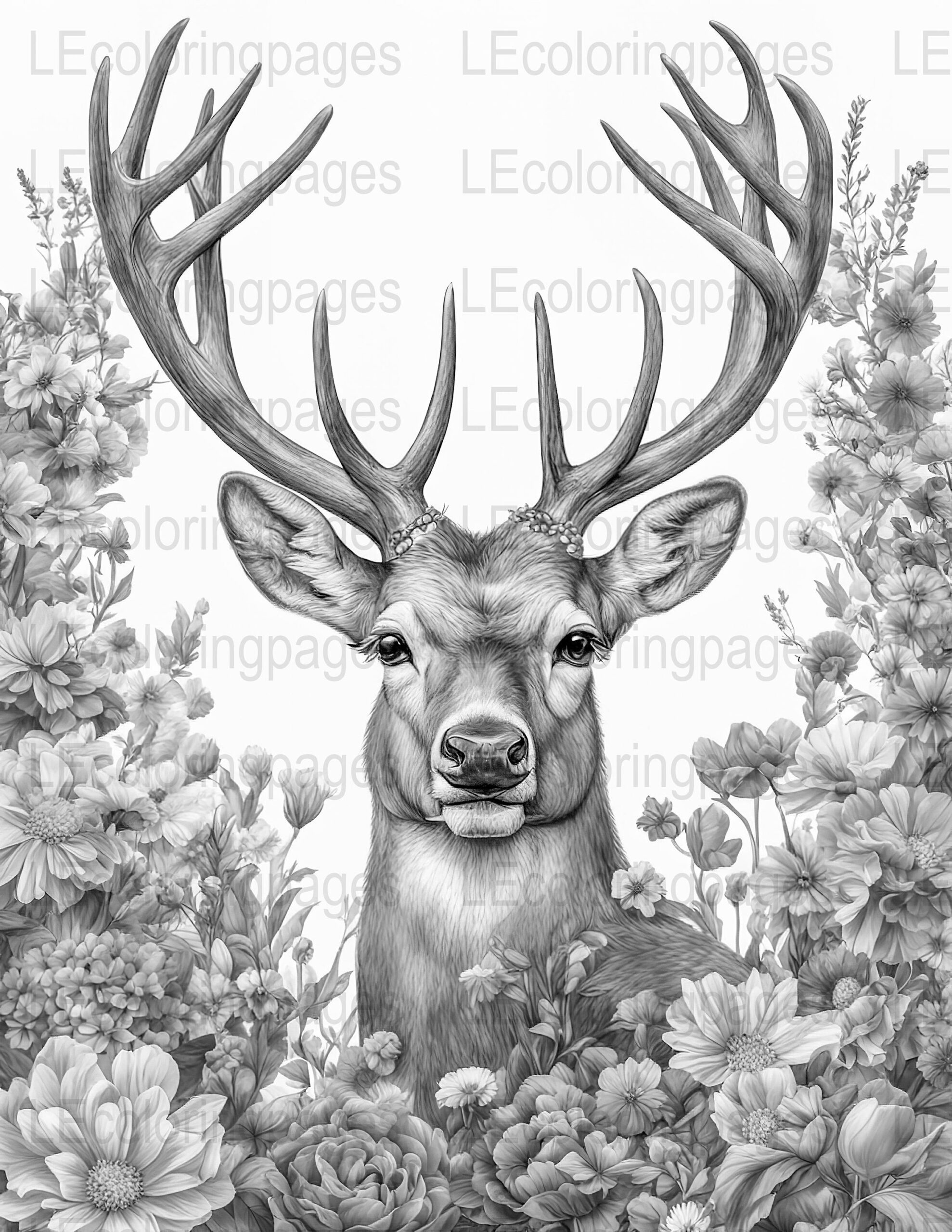 Majestic Deer In Floral Garden Adult Coloring Page Printable Grayscale Digital Download Calming Art Therapy Large Antlers Wildlife Scene Etsy Sweden