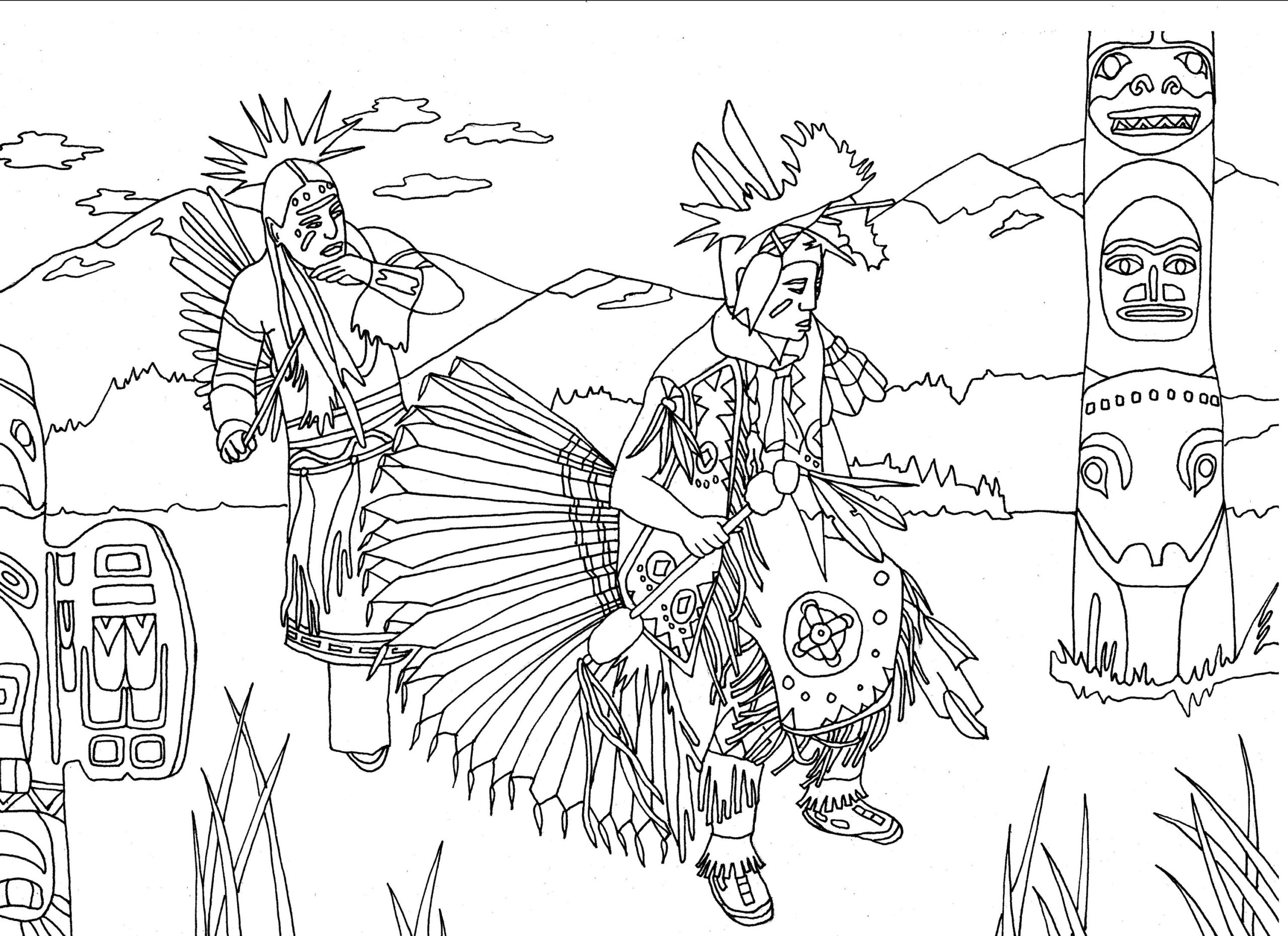 Native americans indians dance totem by marion c Native American Coloring Pages For Adults