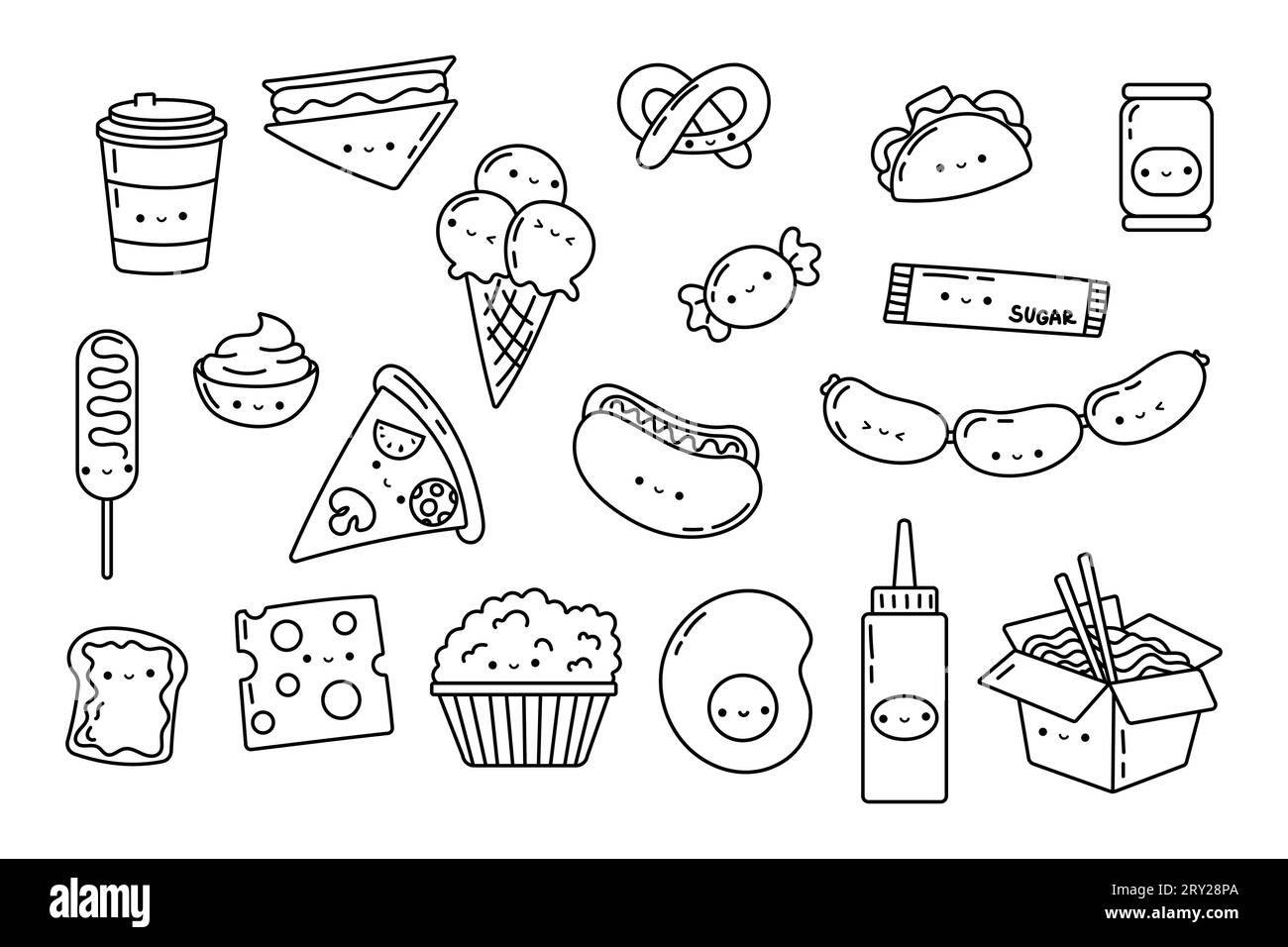 Set Kawaii Sticker Fast Food Coloring Page Collection Cute Kawaii Fast Food Illustrations Outline Stock Vector Image Art Alamy
