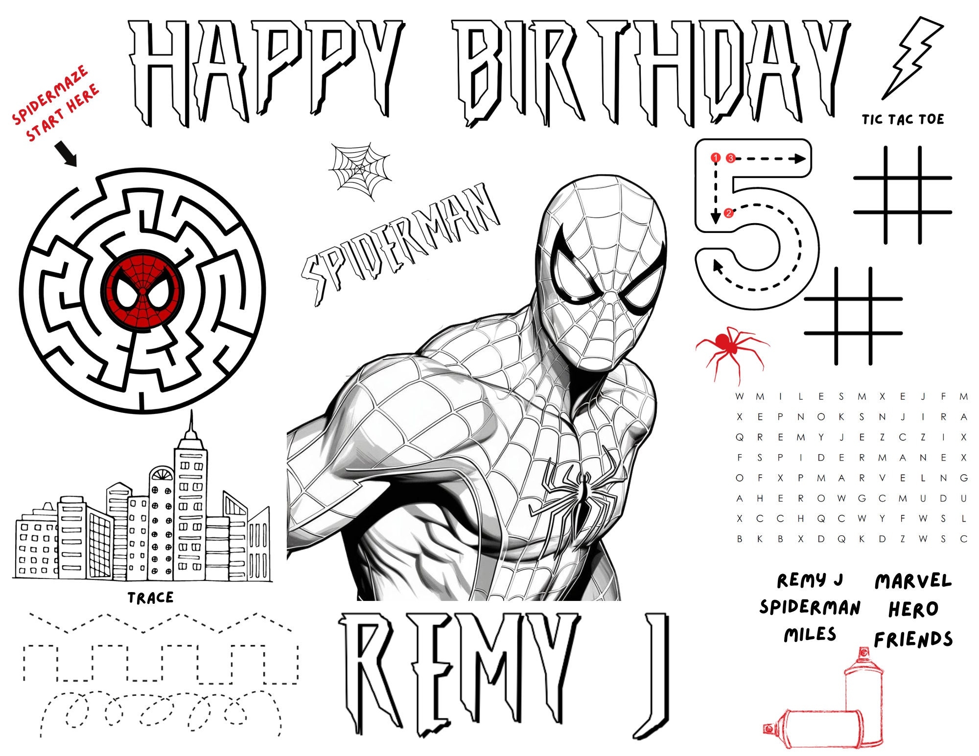 Spiderman Coloring Activity Sheet Placemat Kids Birthday Party Etsy