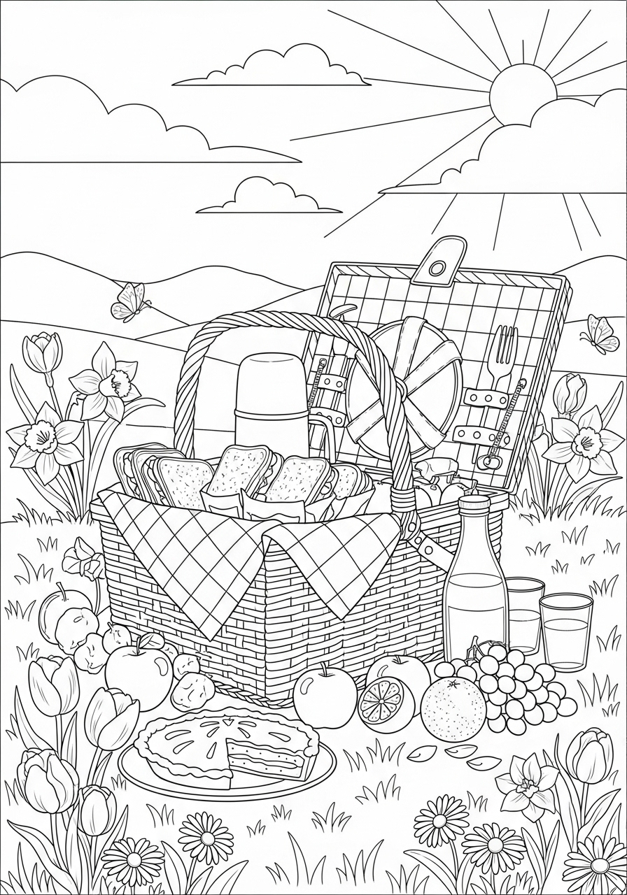 Spring Drawing With Picnic Basket Coloring Page Spring Drawing With Picnic Basket Coloring Page
