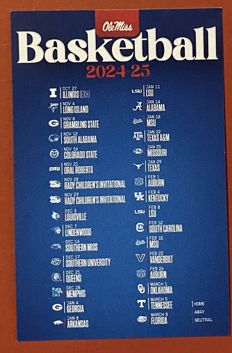 2024 2025 OLE MISS REBELS Schedule College Basketball Sked NEW CARD EBay