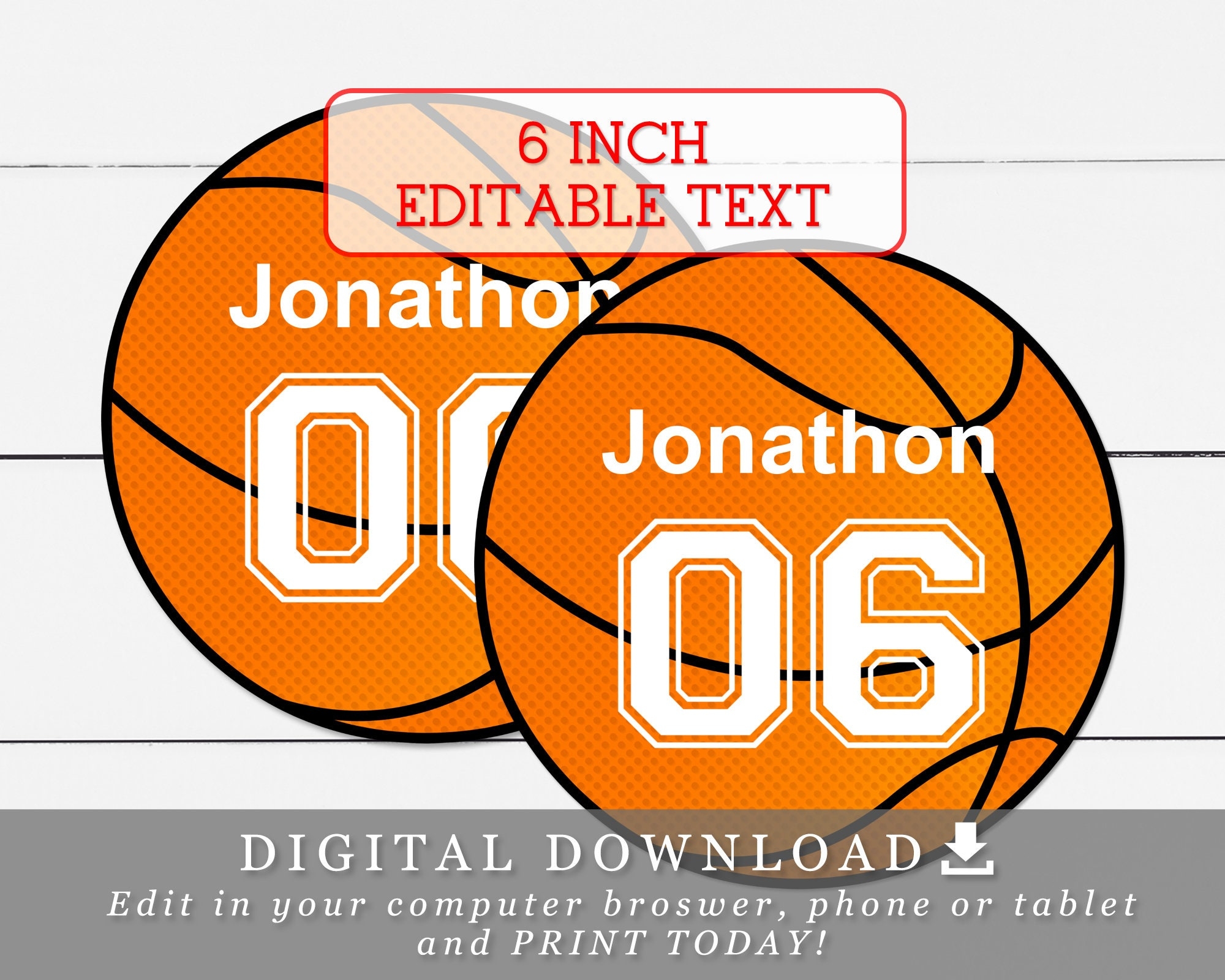 6 Basketball Printable Circle Tags With Editable Names And Numbers Custom Names DIY Template Etsy