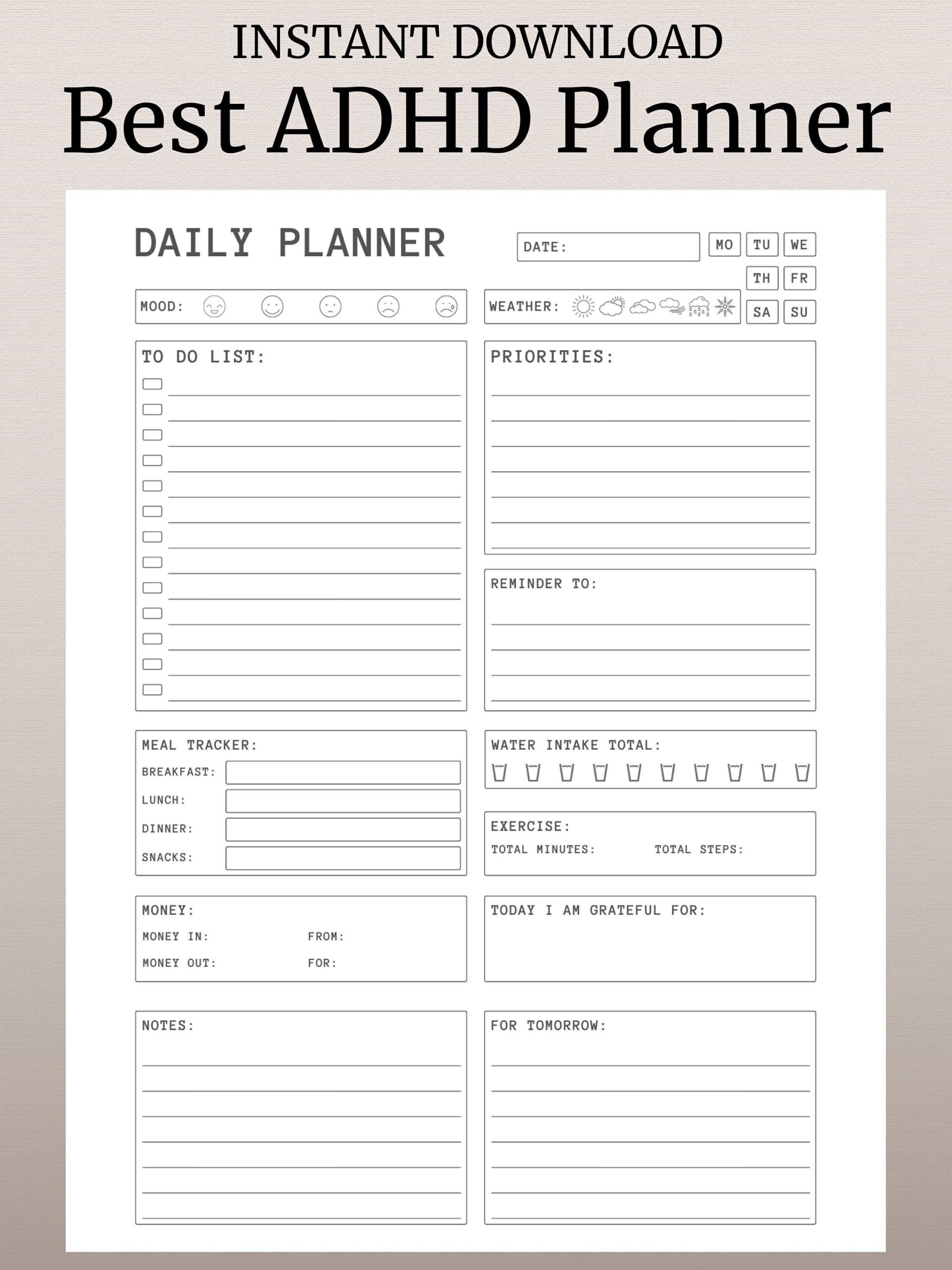 ADHD Daily Planner Printable Hourly Organizer digital Download Etsy