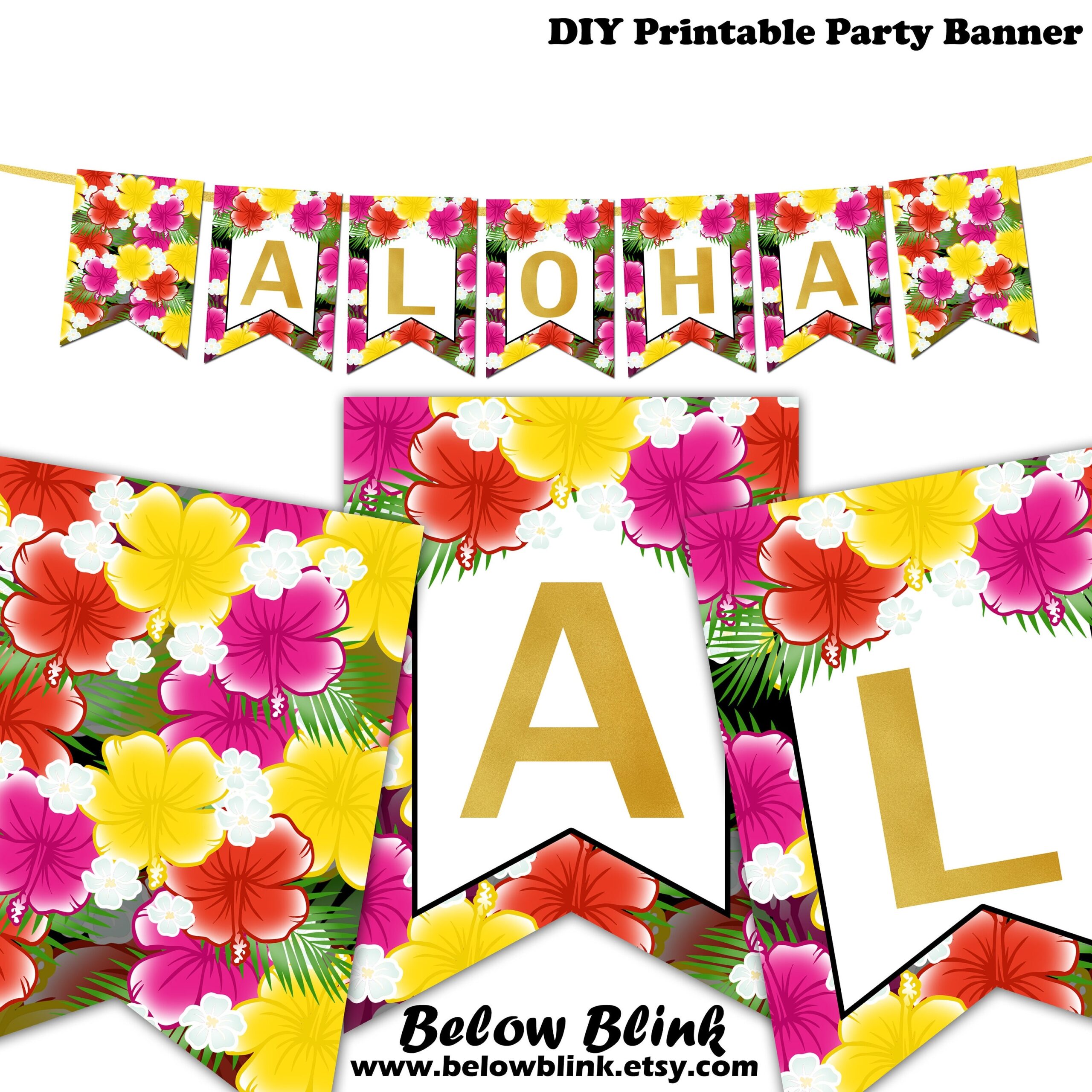 Aloha Banner Printable Hawaiian Luau Party Decorations Floral Hibiscus Flowers Tropical Photo Props Bunting Instant Download DP1003 Etsy