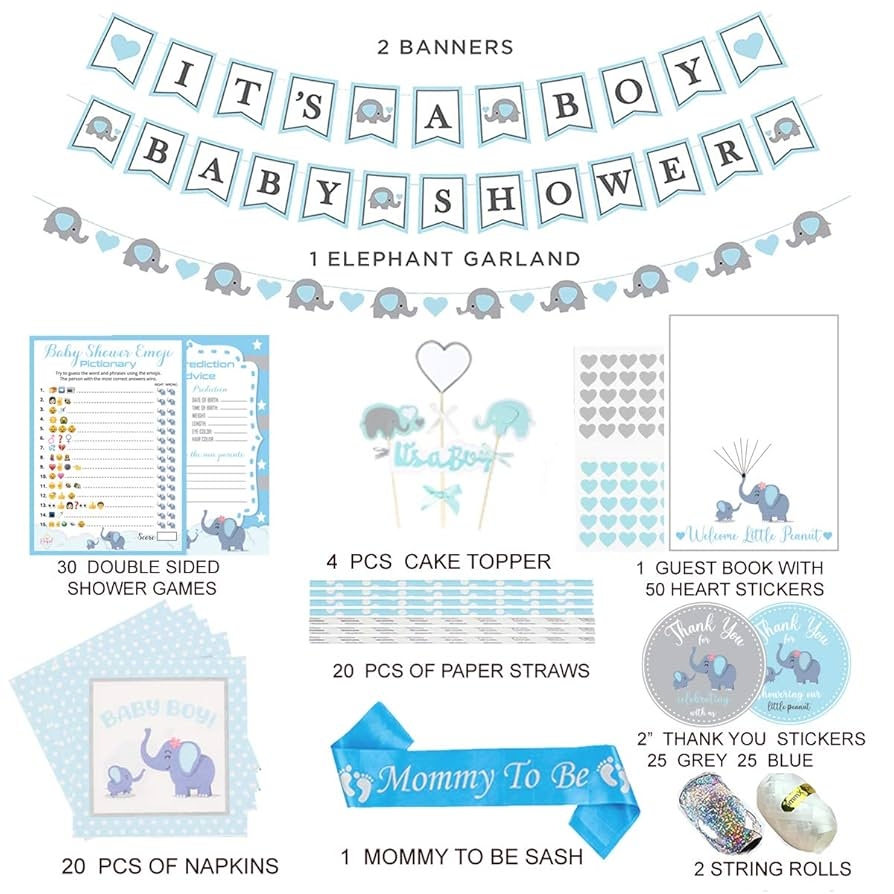 Amazon 697 Piece Blue Elephant Baby Shower Decorations For Boy Kit It s A BOY Pre Strung Banners Garland Guestbook Mommy To Be Sash Balloons Cake Toppers Fans Lantern Napkins Straws Games 