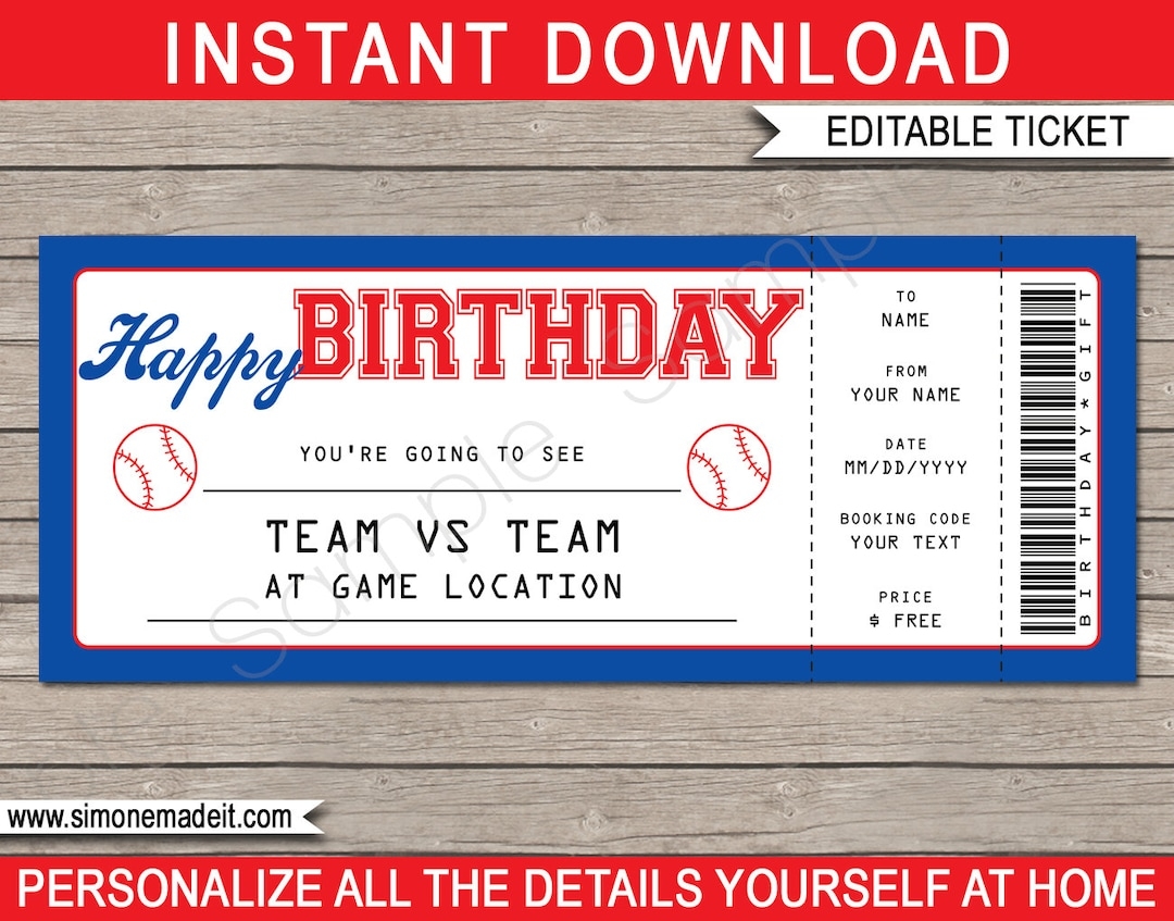 Baseball Game Ticket Birthday Gift Surprise Ticket To A Baseball Game Printable Template Gift Voucher Coupon EDITABLE TEXT DOWNLOAD Etsy