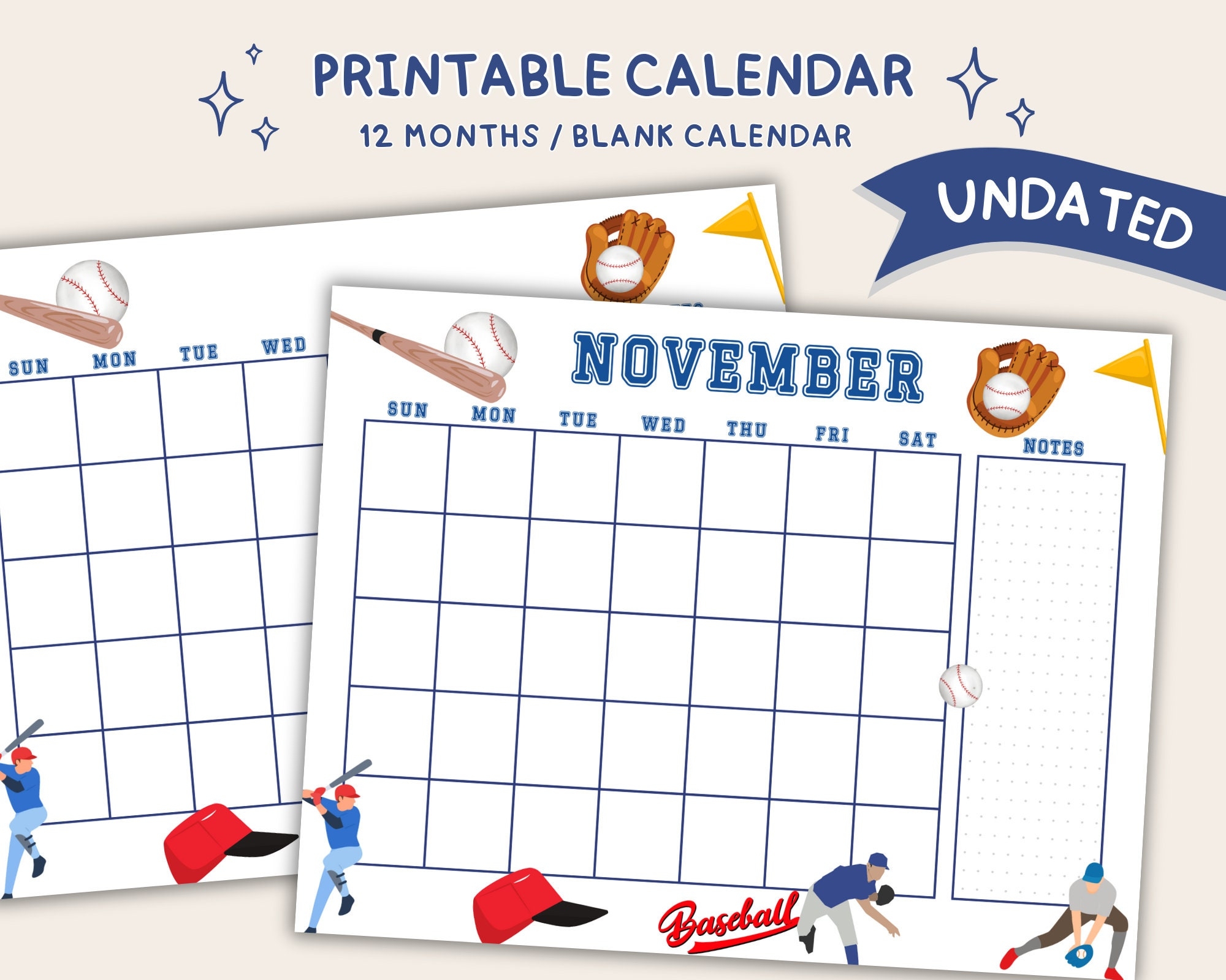 Baseball Undated Calendar Printable Baseball Monthly Milestone Baseball Cute Calendar Template Baseball Planner Printable Blank Calendar Etsy