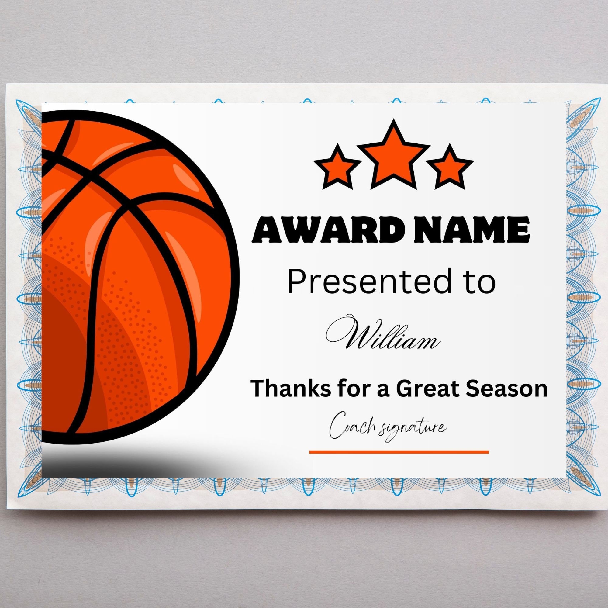 Printable Basketball Certificate Template