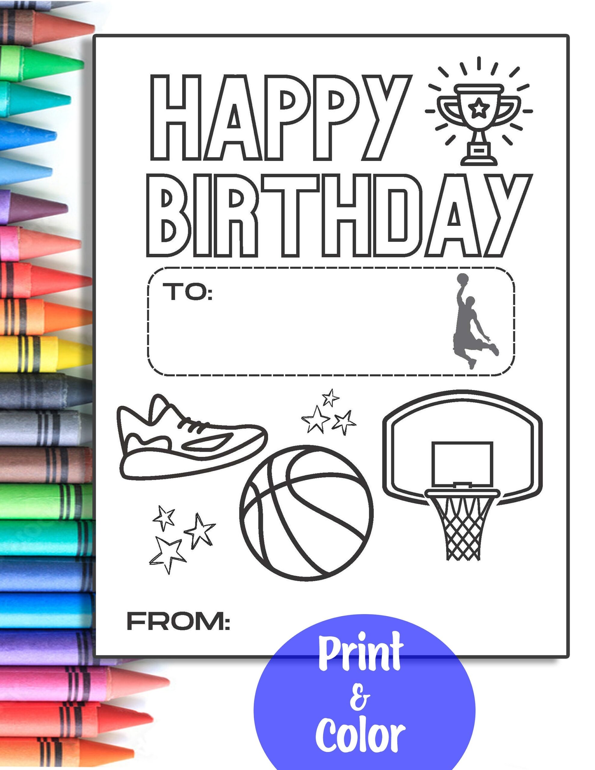 BASKETBALL Kids Happy Birthday Card Coloring Sheet Etsy