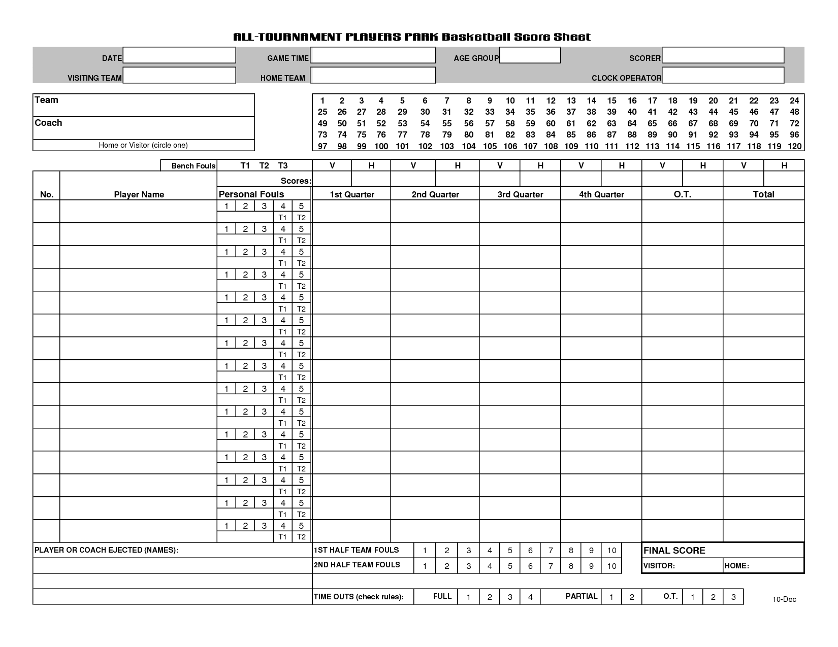 Basketball Score Sheet