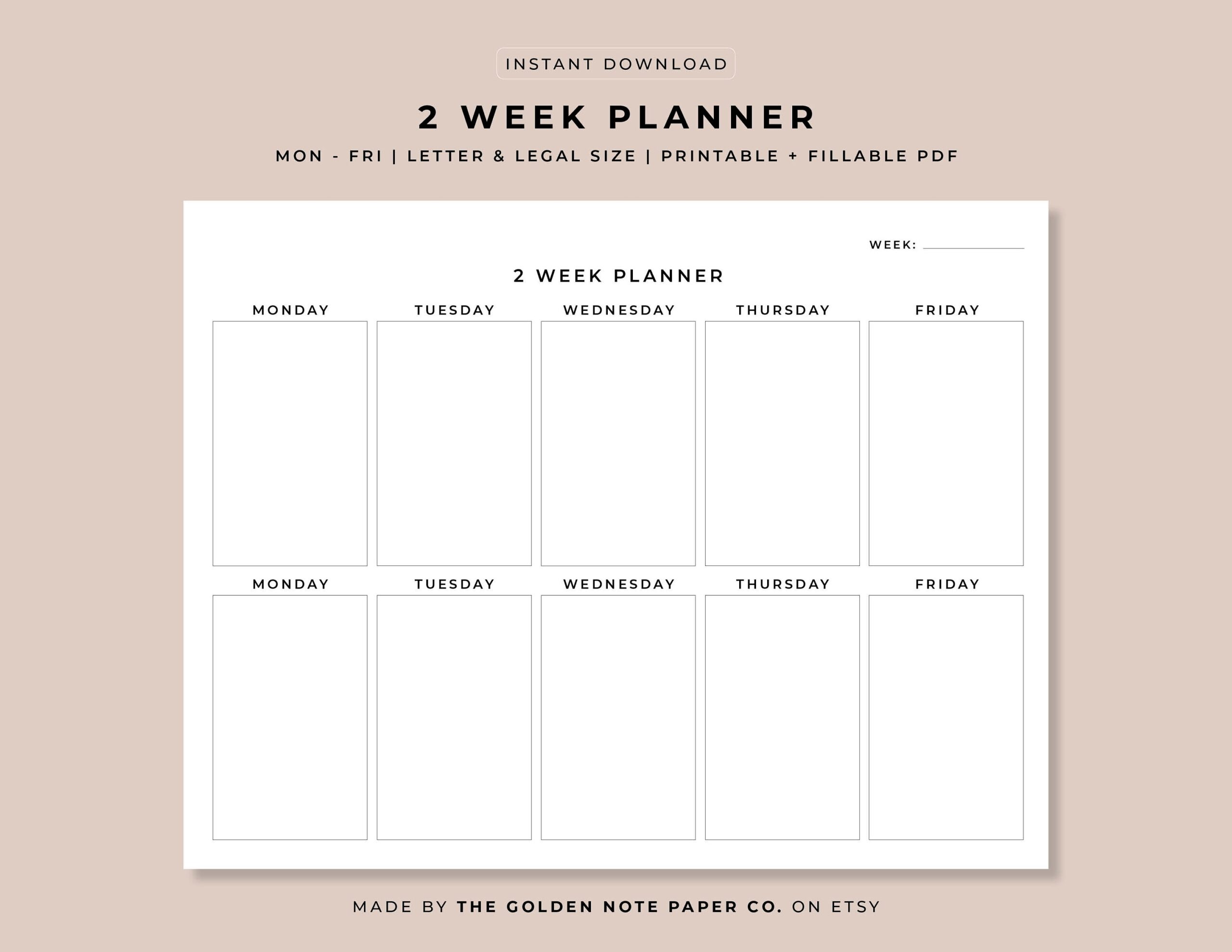 Blank Minimalistic 2 Week Planner Printable Landscape Schedule Calendar Weekly Organizer Office Planner Desk Planner Letter Legal A4 Etsy