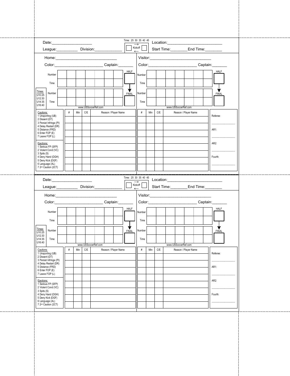 Printable Soccer Referee Game Card Template