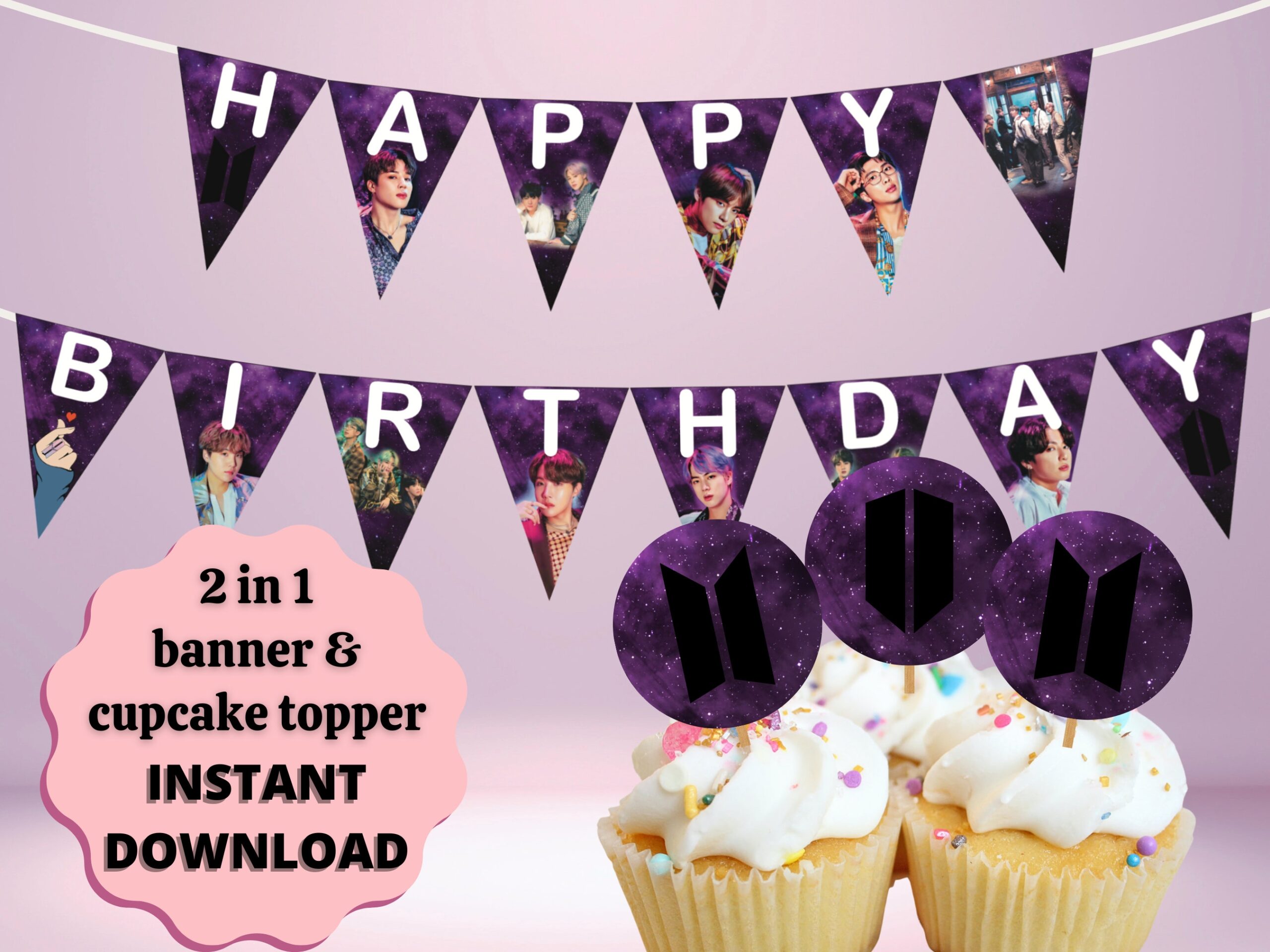 BTS Printable Birthday Banner Printable Kpop Birthday Decor Birthday Banner Cupcake Topper Printable Party Decor Digital Download Etsy