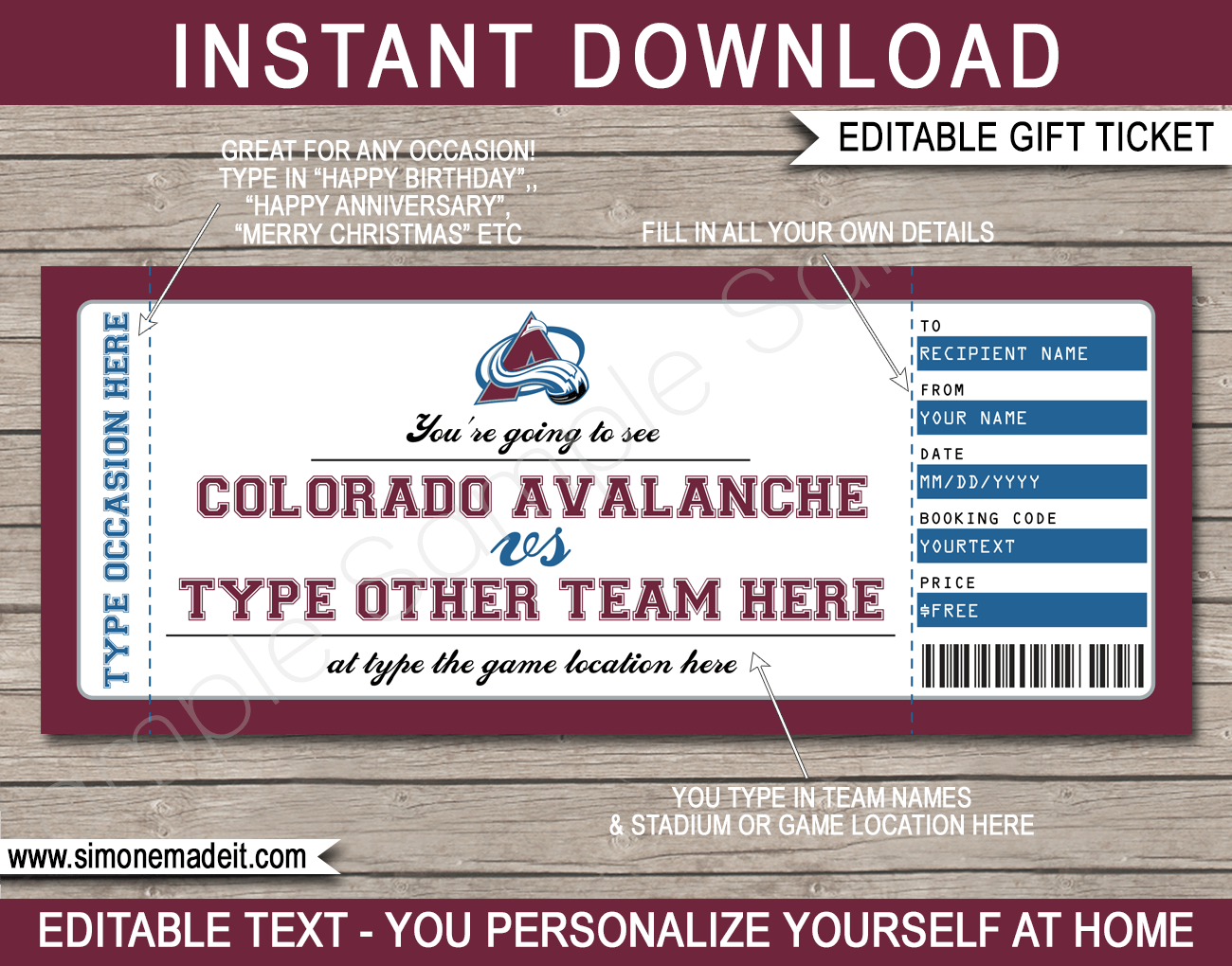 Colorado Avalanche Game Ticket Gift Voucher Printable Surprise Worksheets Library