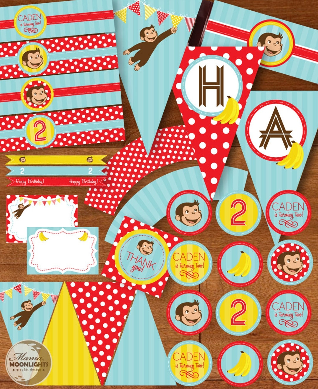 Curious George Inspired Birthday Party Favors Decor Printable Package DIY Bananas Red Blue Yellow Etsy