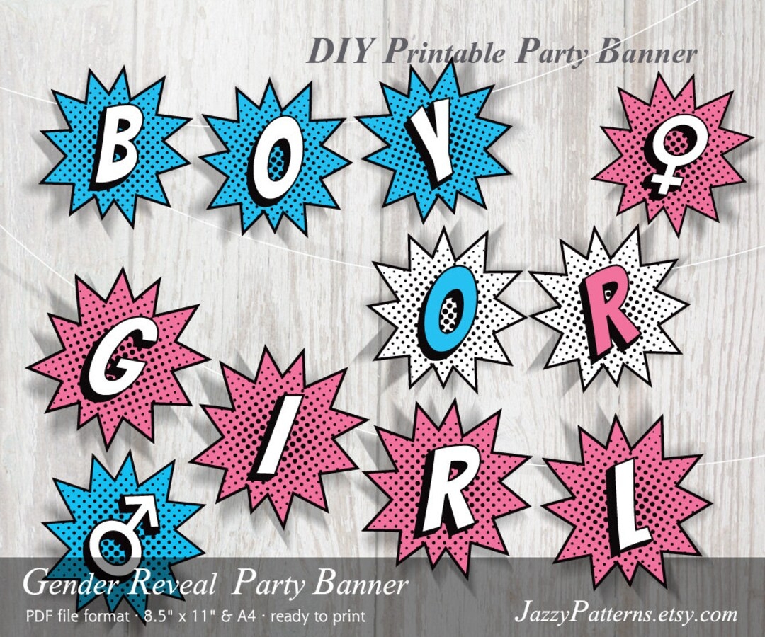 DIY Boy Or Girl Gender Reveal Party Printable Banner Comic Book Style In Pink And Blue PB008 Instant Download Etsy
