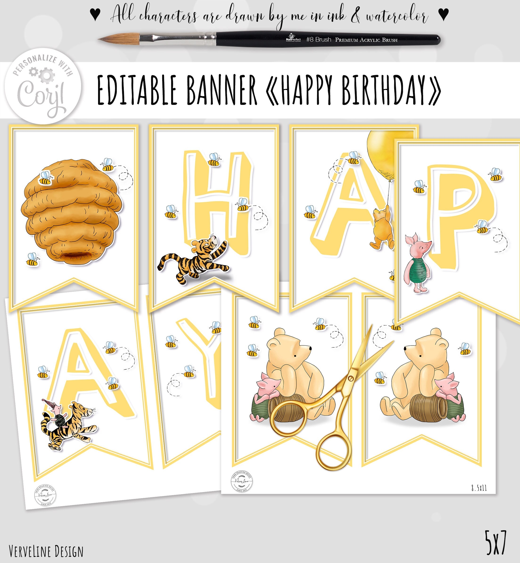 Editable Banner Classic Winnie The Pooh happy Birthday Party Banner Hundred Acre Wood Hive Yellow Design DIY Digital 0001 WHY Etsy
