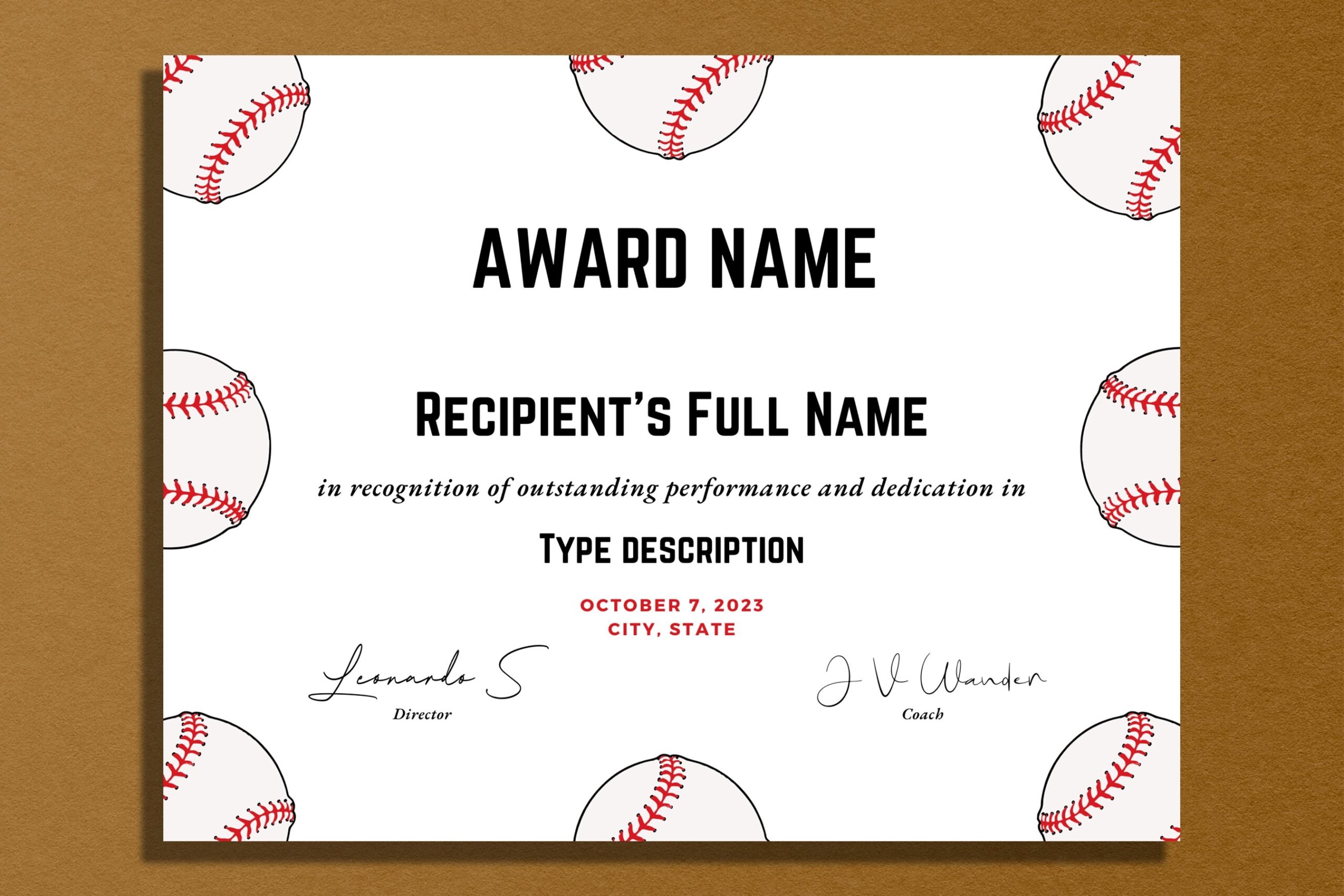 Editable Baseball Award Certificate Template Printable