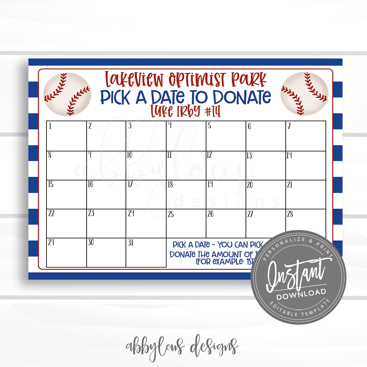 EDITABLE Baseball Pick A Date To Donate Printable Baseball Fundraiser Fundraiser Editable Calendar Editable File Digital Template Etsy
