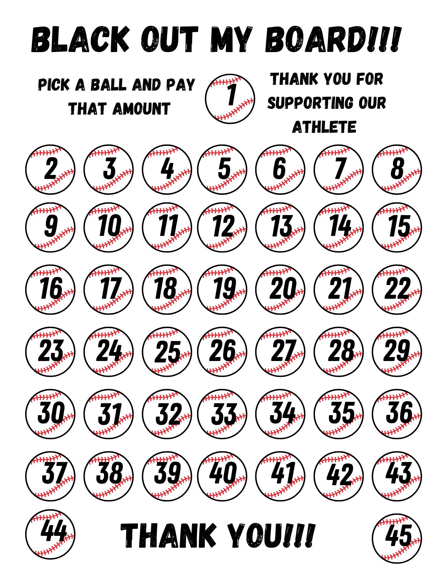 Editable Blackout Baseball Fundraiser Calendars 45 Days Printable INSTANT DOWNLOAD 