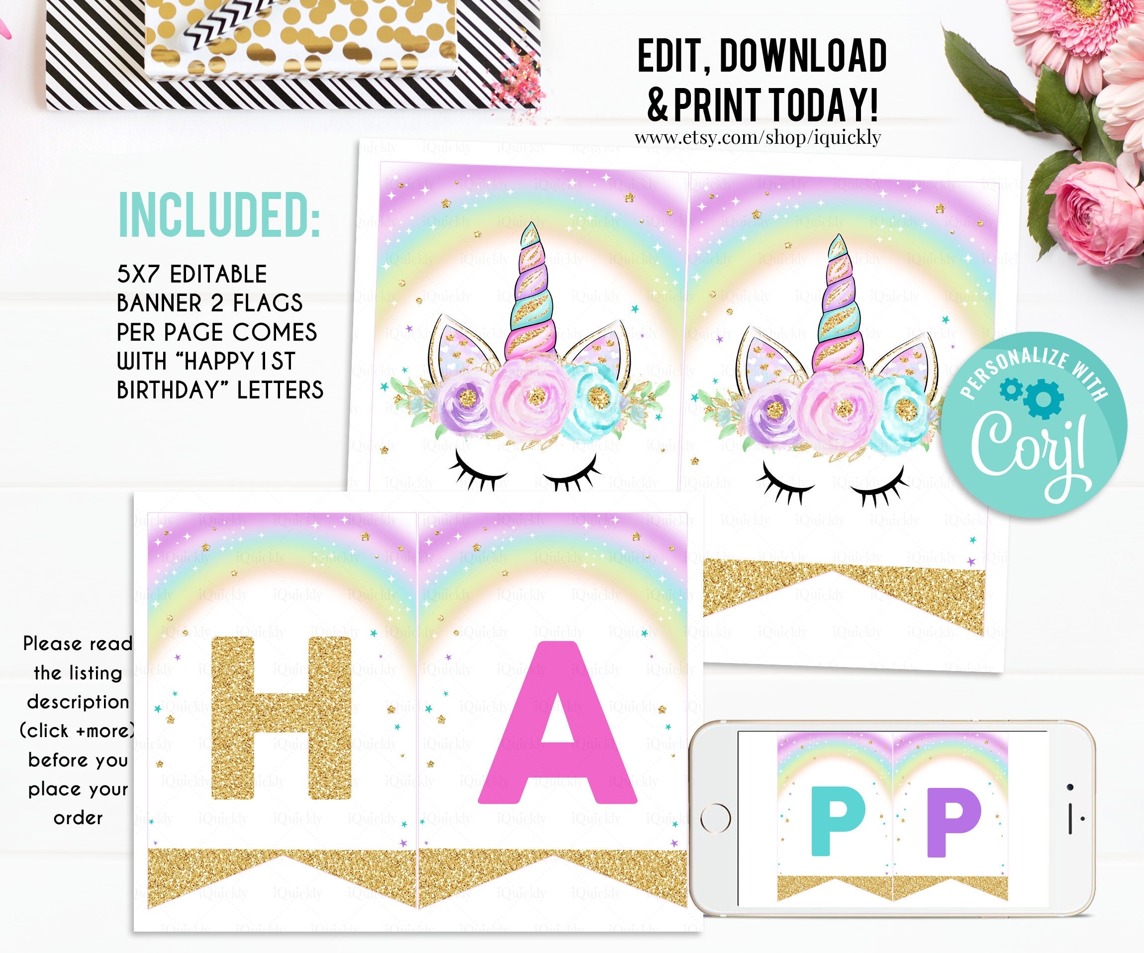 EDITABLE Unicorn Banner Happy Birthday Banner Printable 1st Birthday Buting Banner Baby Shower Template Boho Girl Instant Download Etsy