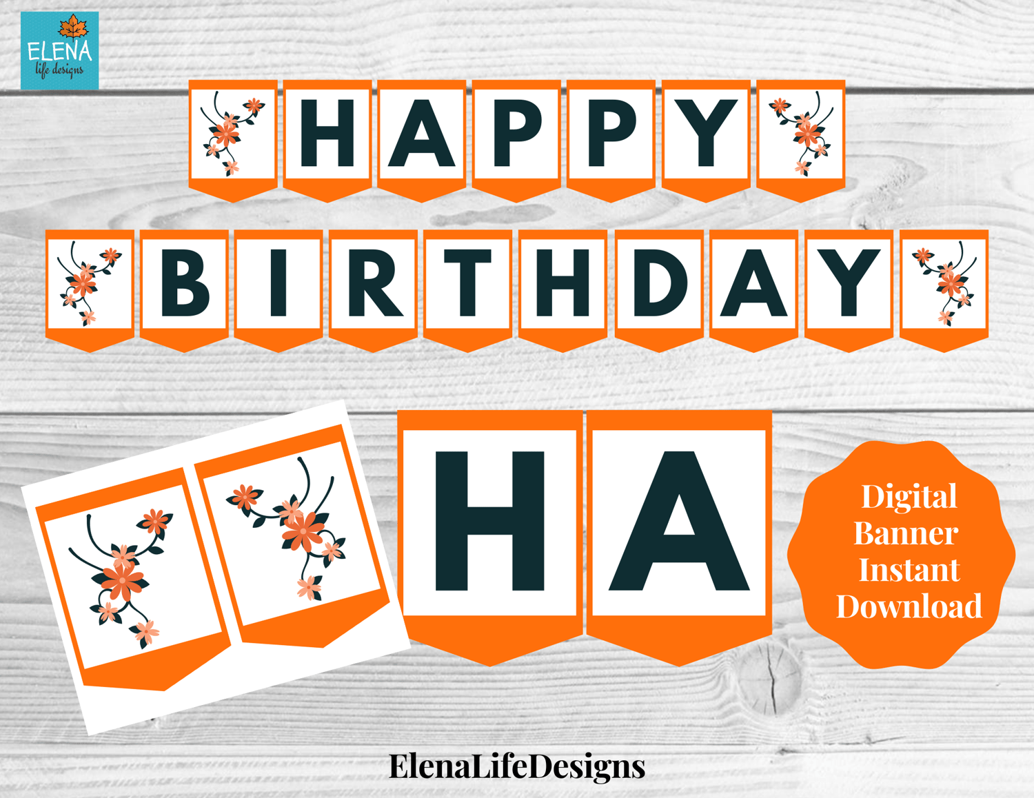 Floral Birthday Banner Orange Flower Printable Banner Instant Download Digital Banner Personalized Floral Decorations Happy Birthday Payhip