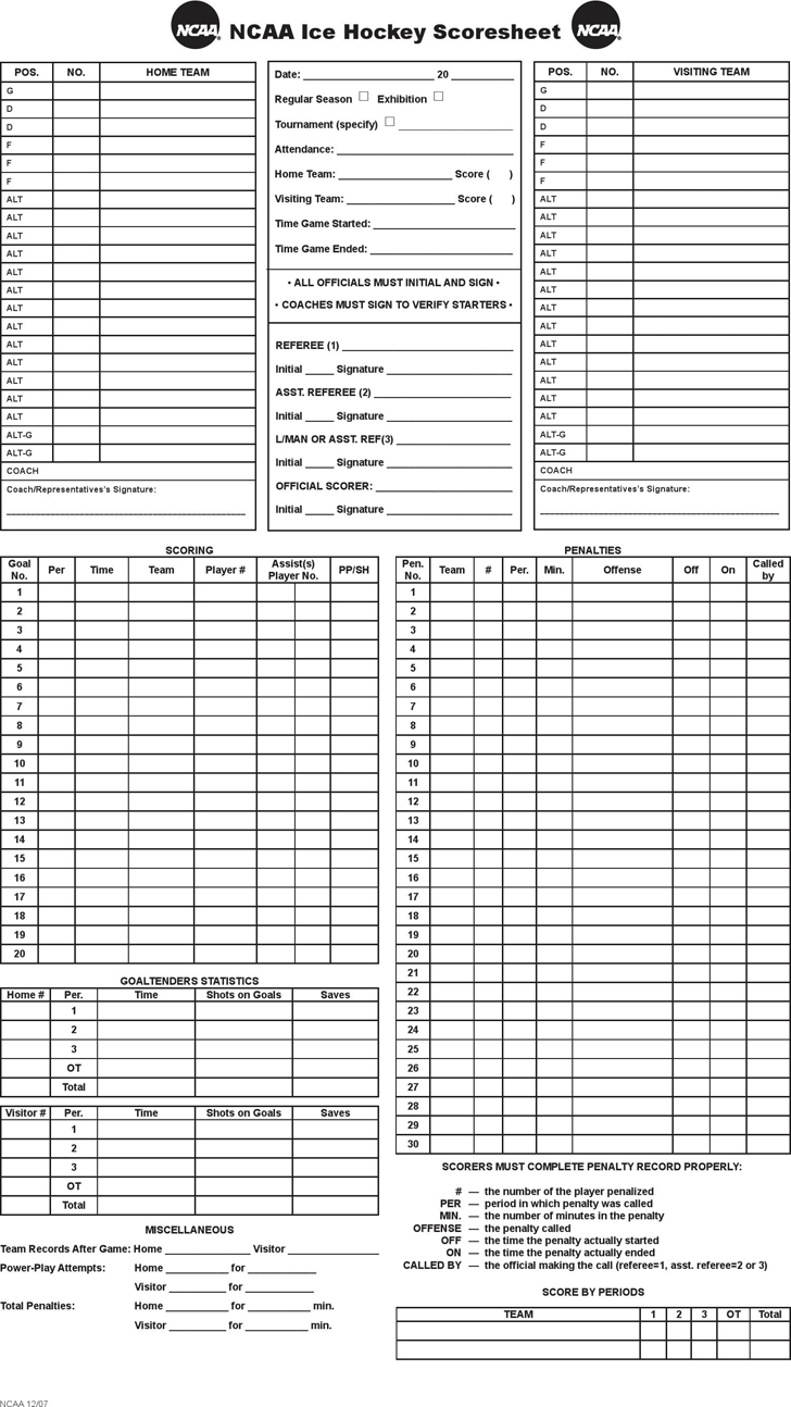 Ice Hockey Score Sheets Printable