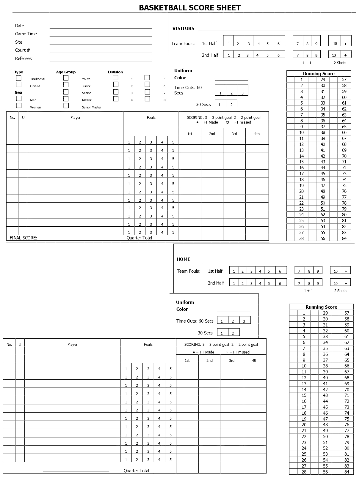 Free Printable Basketball Score Sheets Stat Sheets From Score Books