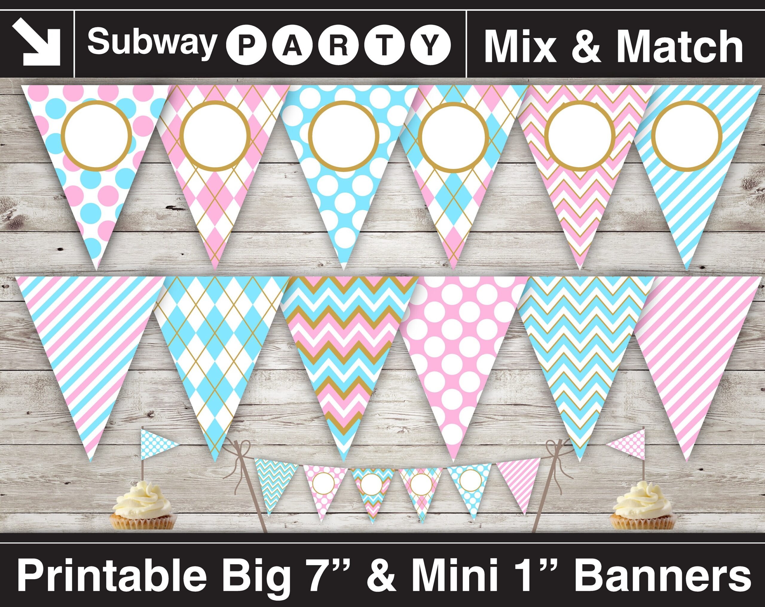 Gender Reveal Baby Shower Party Printable Banner Mini Cake Bunting Blue Pink Gold DIY Editable Banner Blank INSTANT DOWNLOAD Etsy