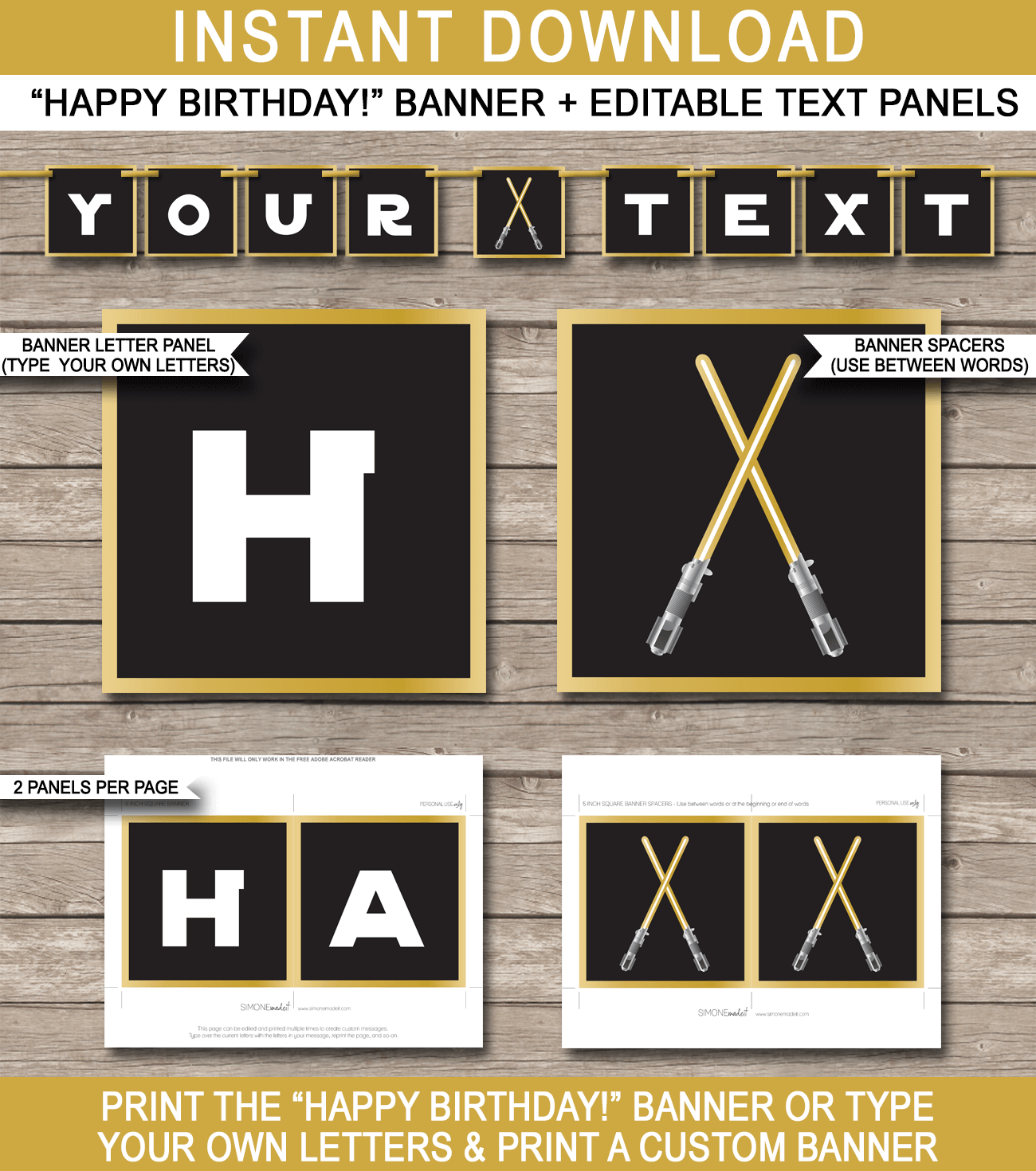 Gold Star Wars Pennant Banner Template Printable Birthday Party Banner