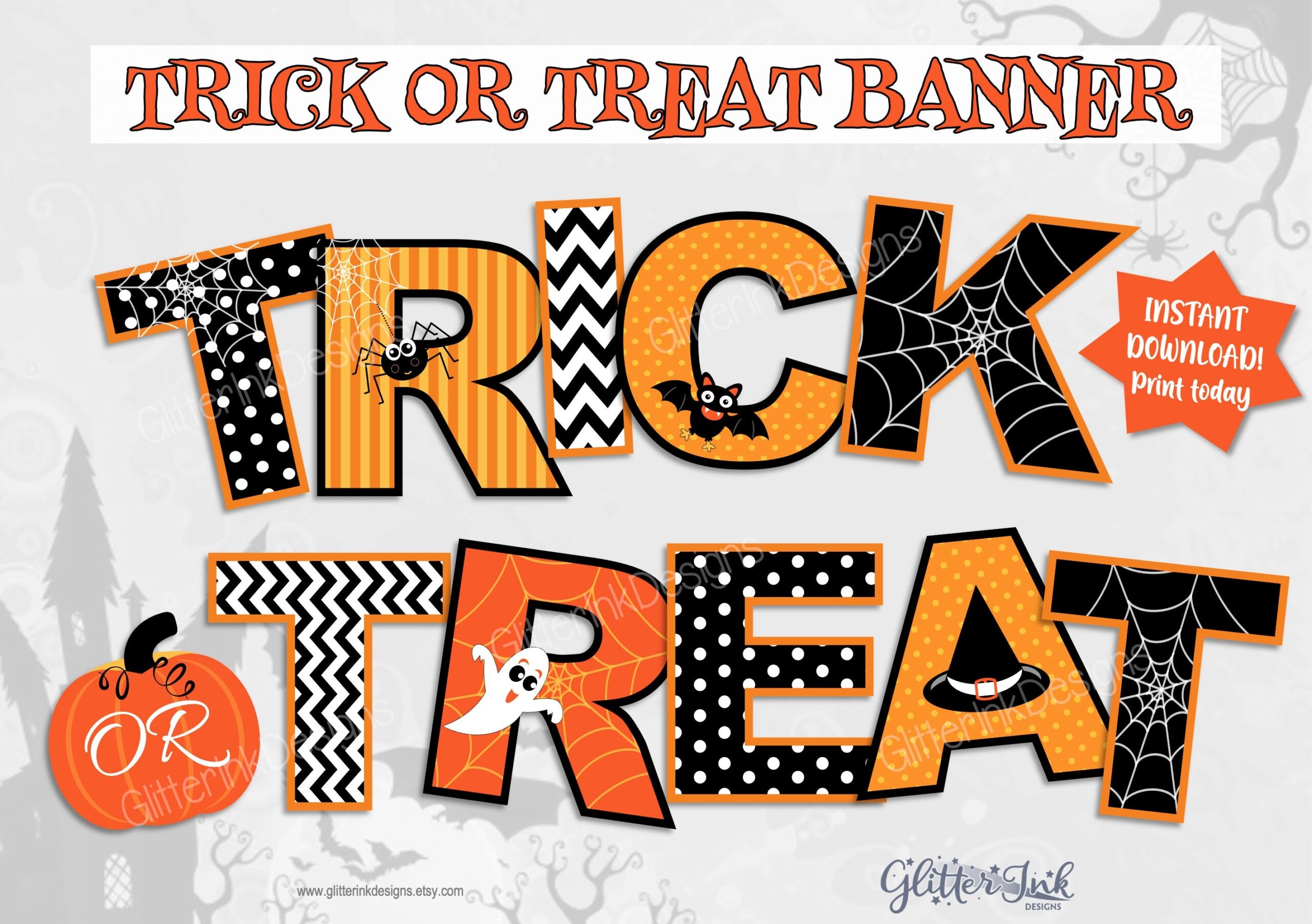 Halloween TRICK OR TREAT Printable Banner Spooky Party Decorations With Ghost Bat Spider Witches Hat Instant Download Etsy