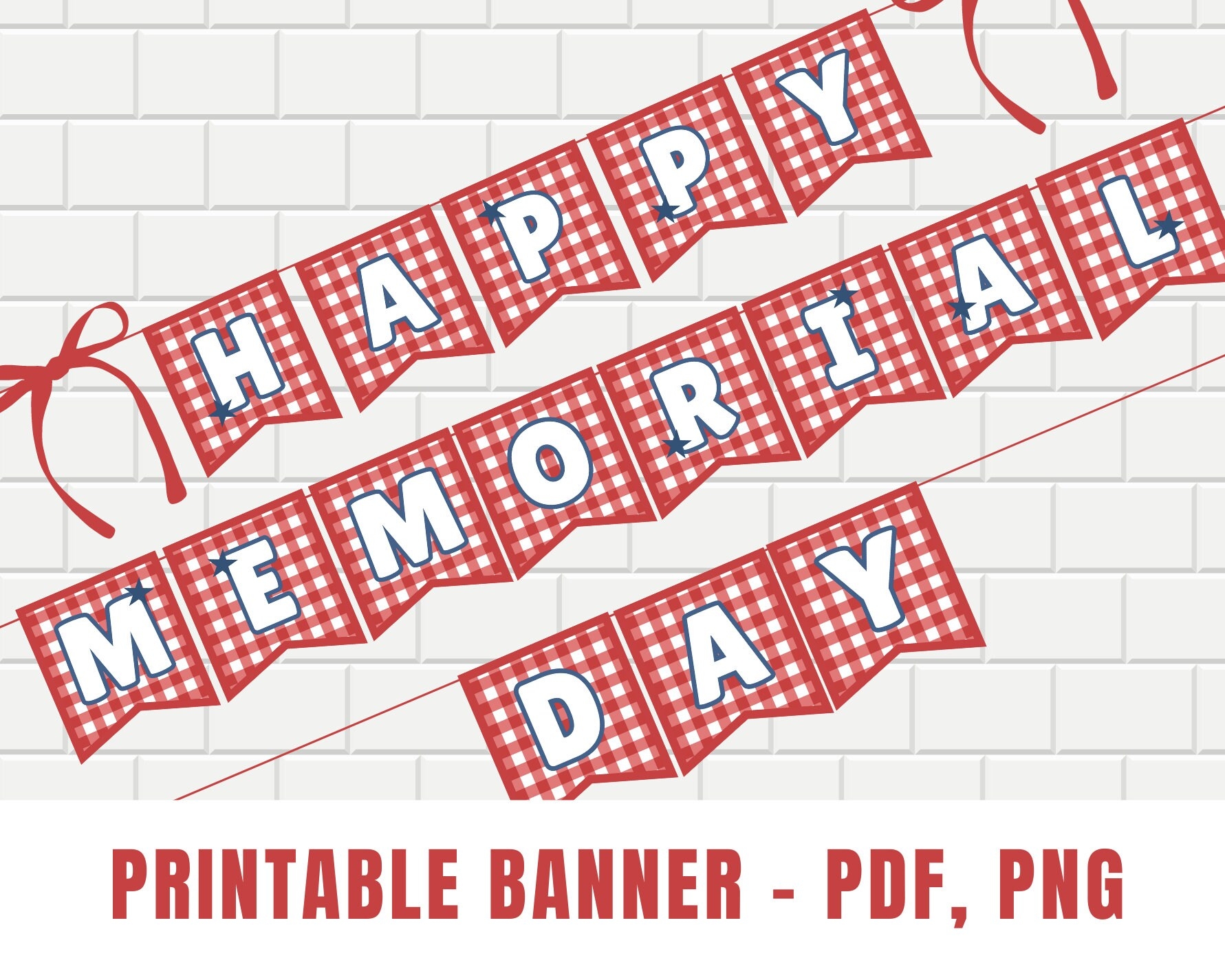 Happy Memorial Day Printable Banner PDF PNG Instant Download Red Plaid Red And White Gingham Red White And Blue Party Decorations Etsy