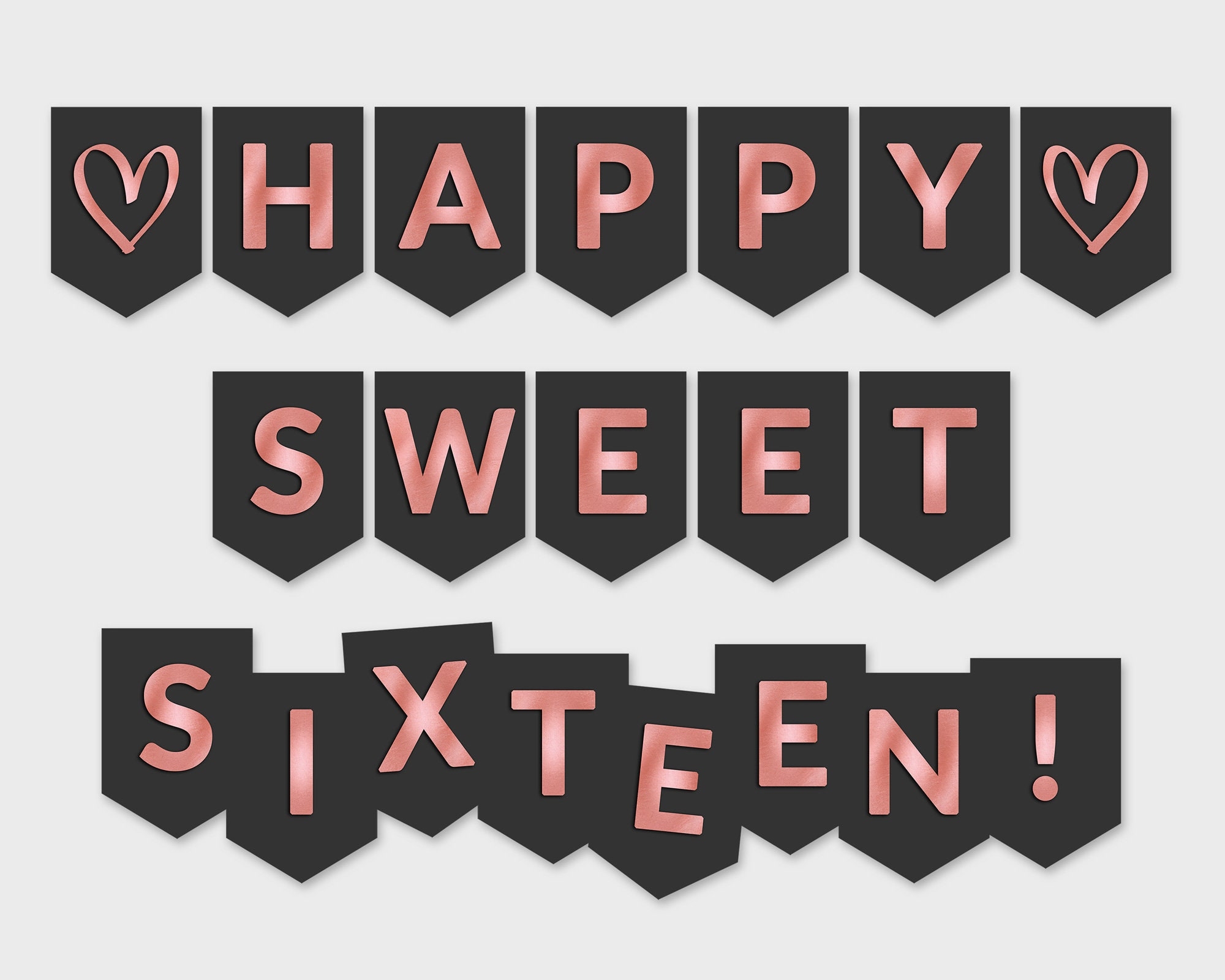 Happy Sweet Sixteen Printable Banner Black Rose Foil Flags Printable PDF DIY Print Instant Download RFC Etsy