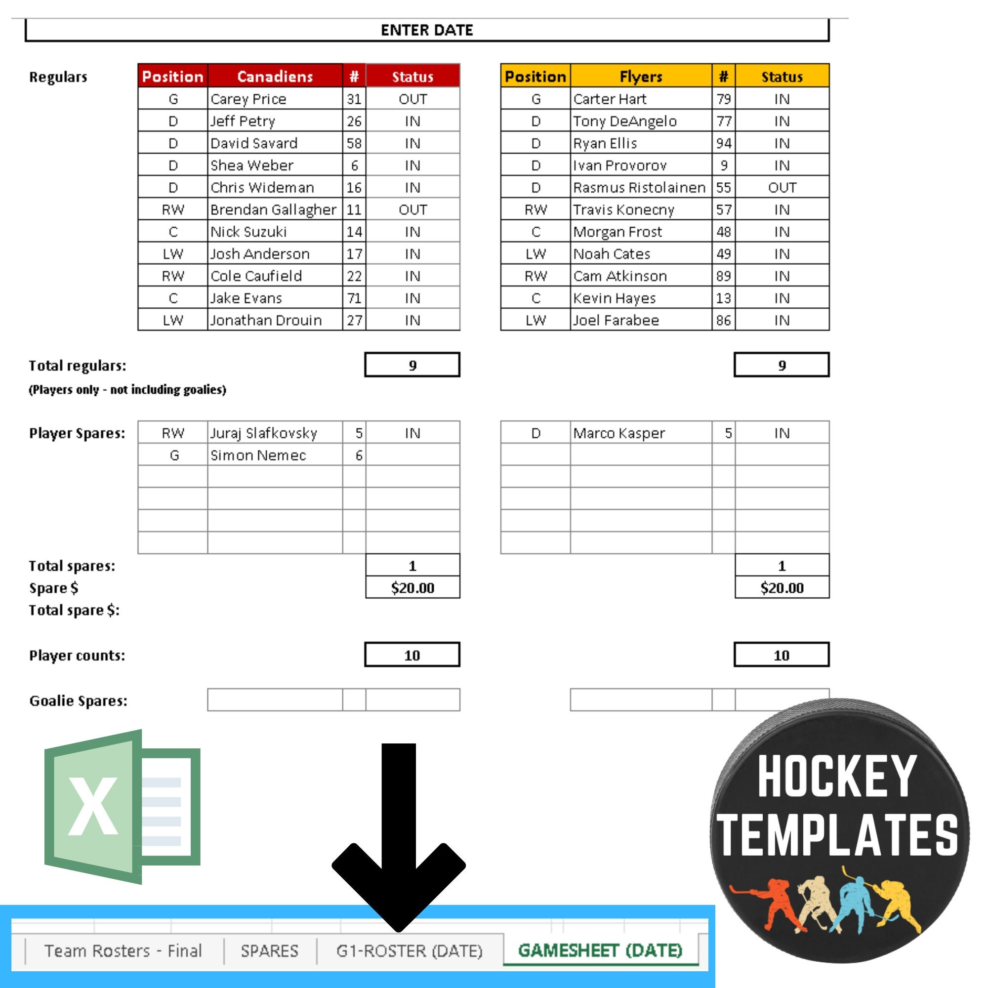 Hockey Score Sheet Template Team Roster Player Management Spare List And Fees Score Keeper League Organizer Tool Editable Printable Etsy