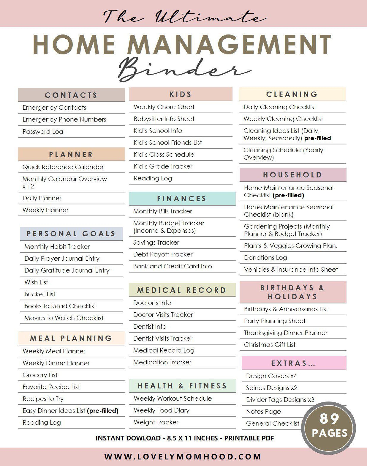 Printable Home Management Binder Categories