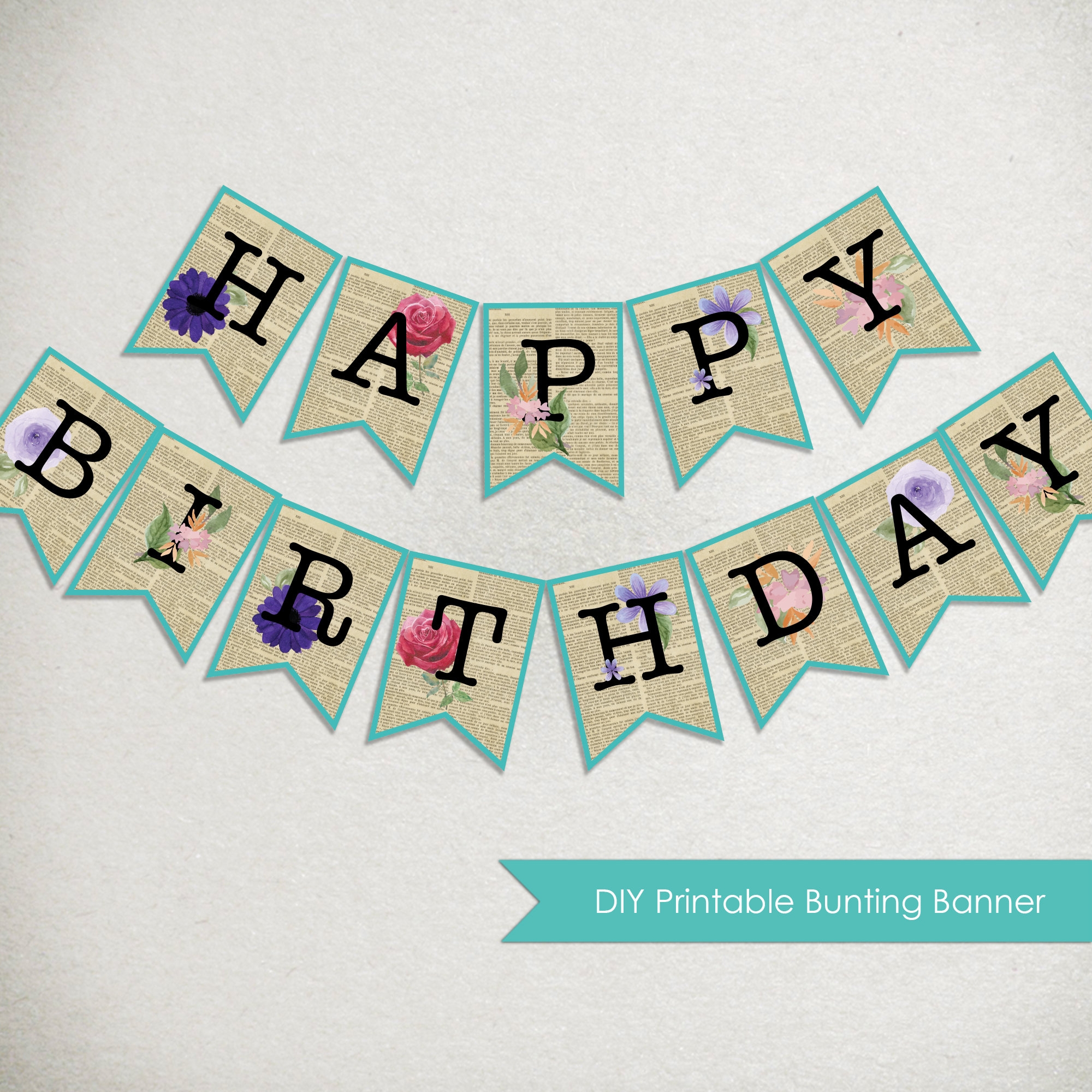 INSTANT DOWNLOAD Happy Birthday BANNER Printable Bunting Reading Books Flowers Floral Vintage Diy Birthday Party Decoration Etsy